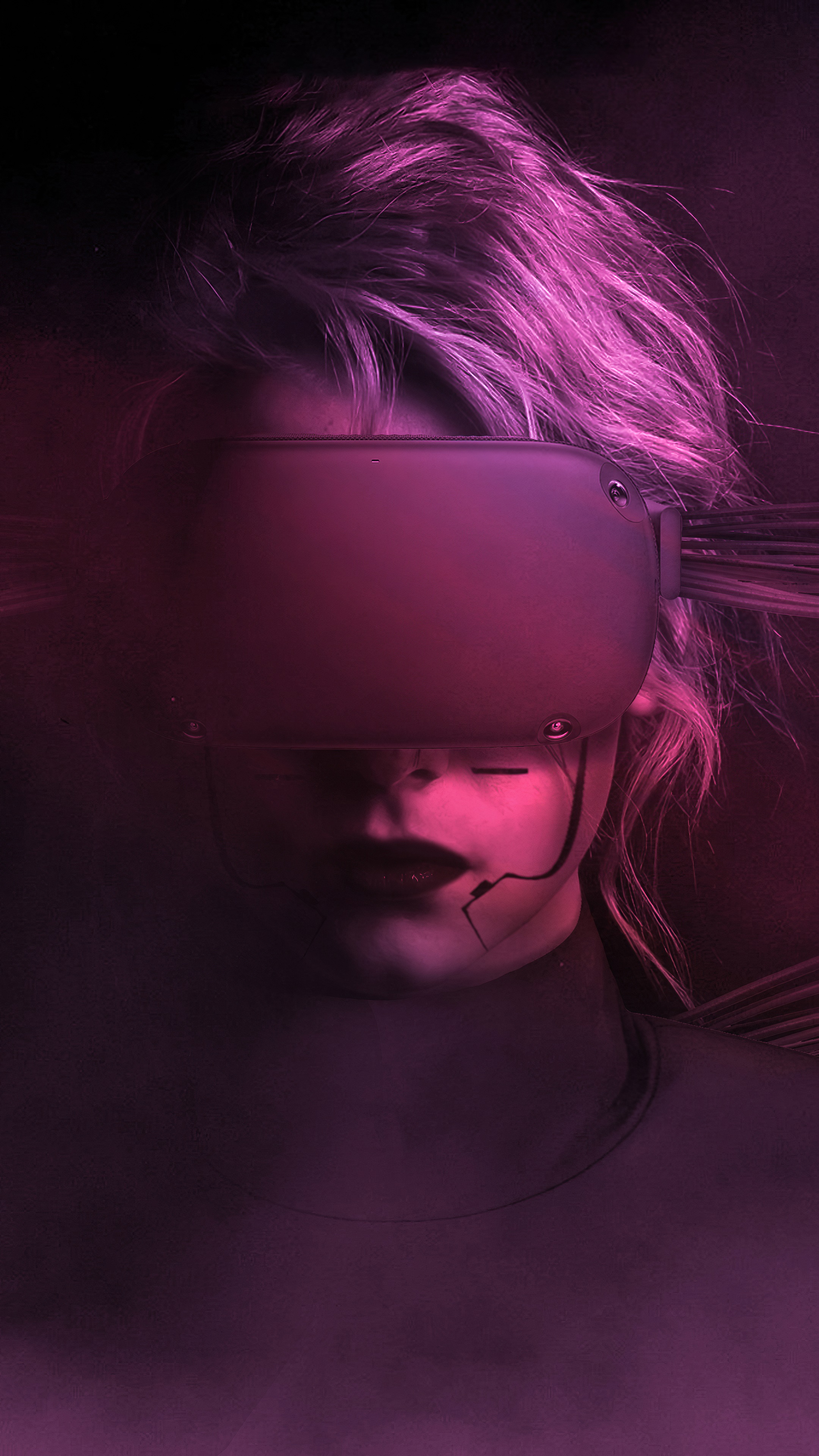 Cyberpunk artwork of a woman wearing a VR headset HD Phone Wallpaper