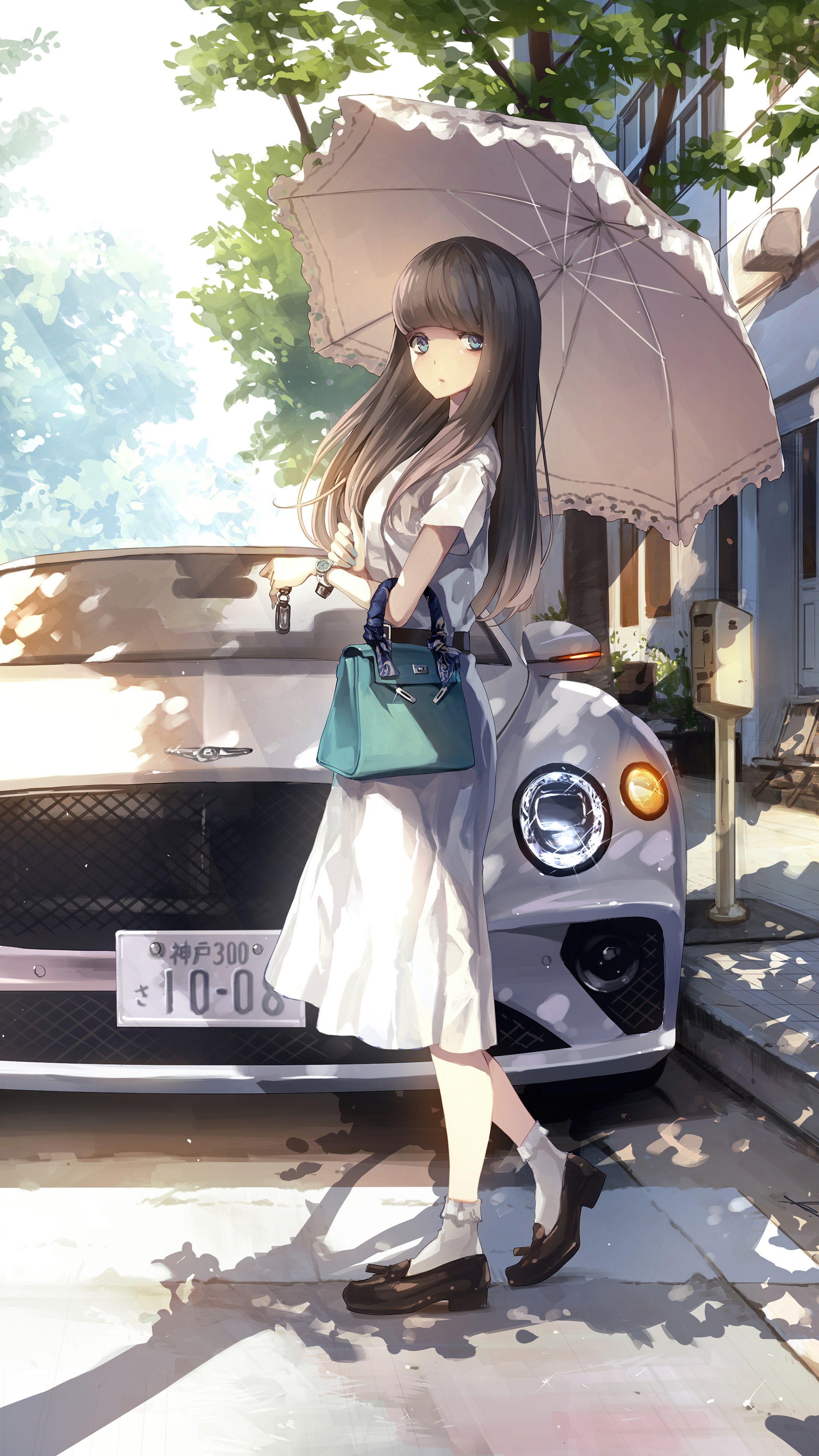 Anime girl with umbrella and luxury car HD Phone Wallpaper