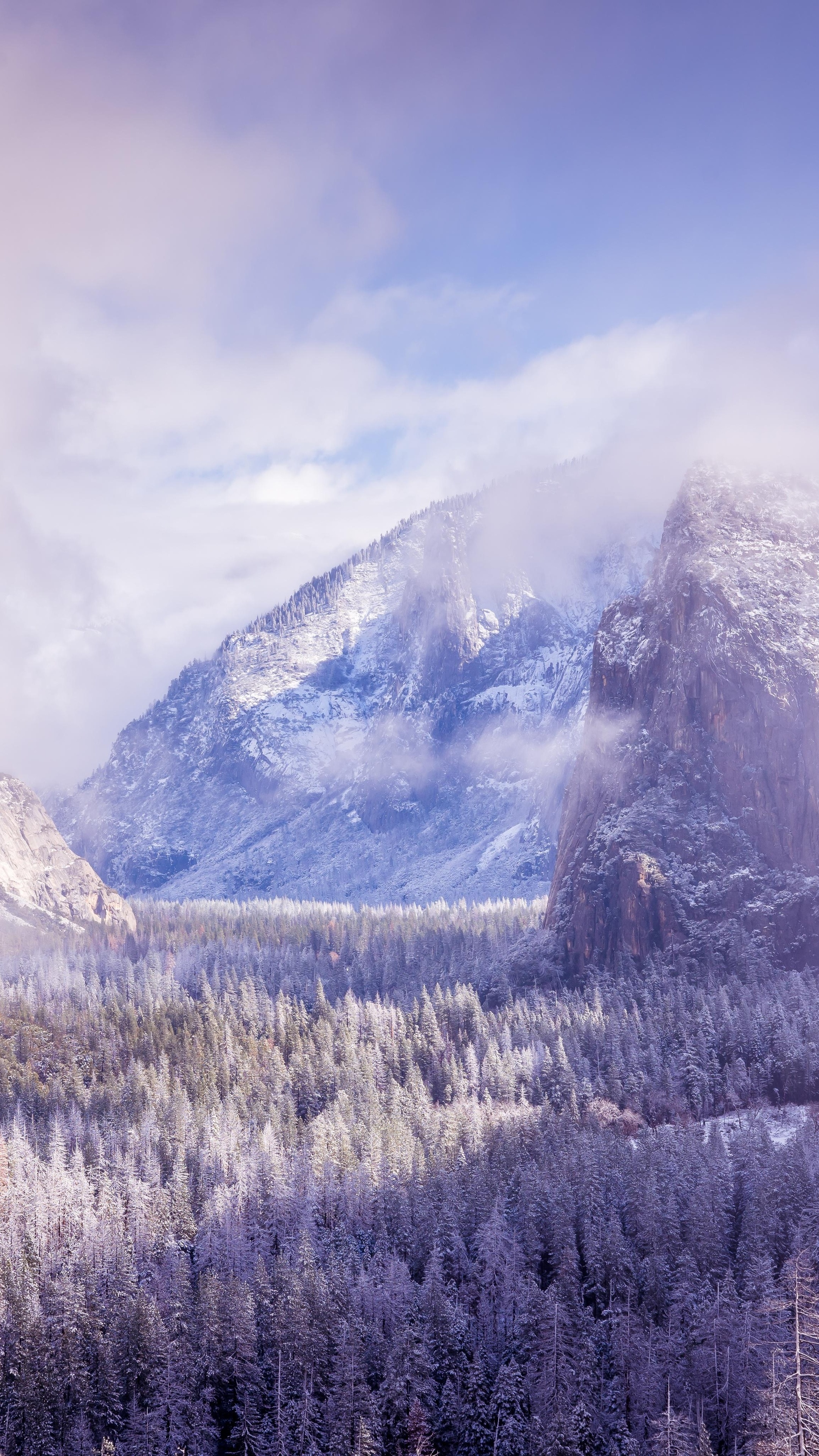 Yosemite Valley mountains with snow and fog 4K HD Phone Wallpaper
