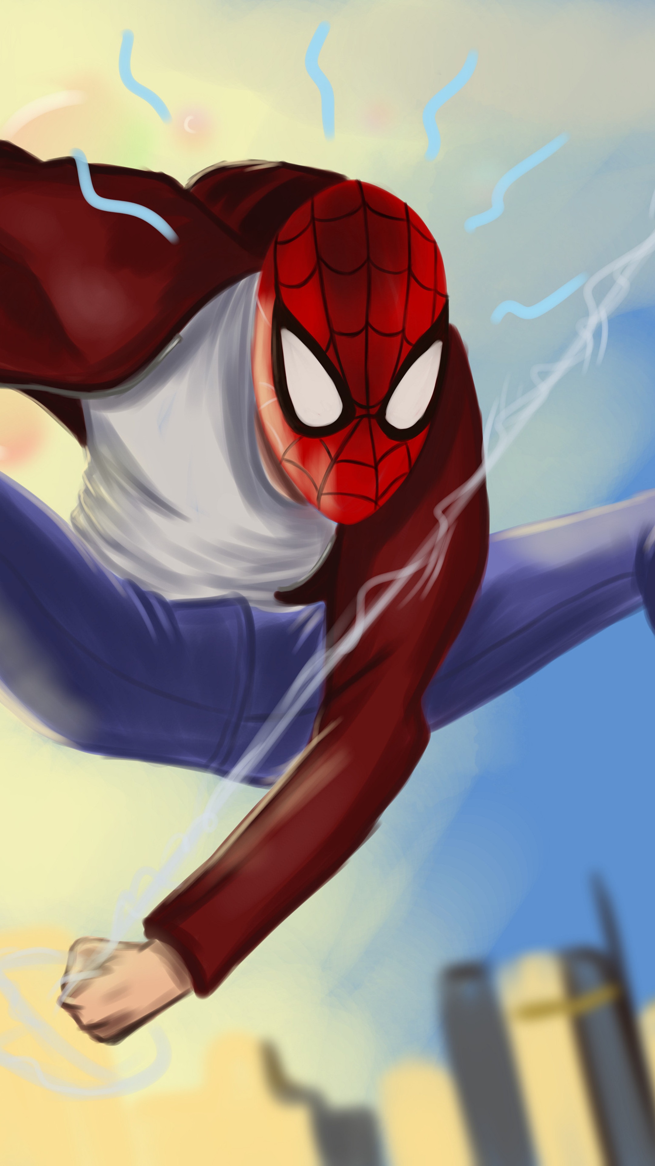 Spider-Man artwork with cityscape background HD Phone Wallpaper