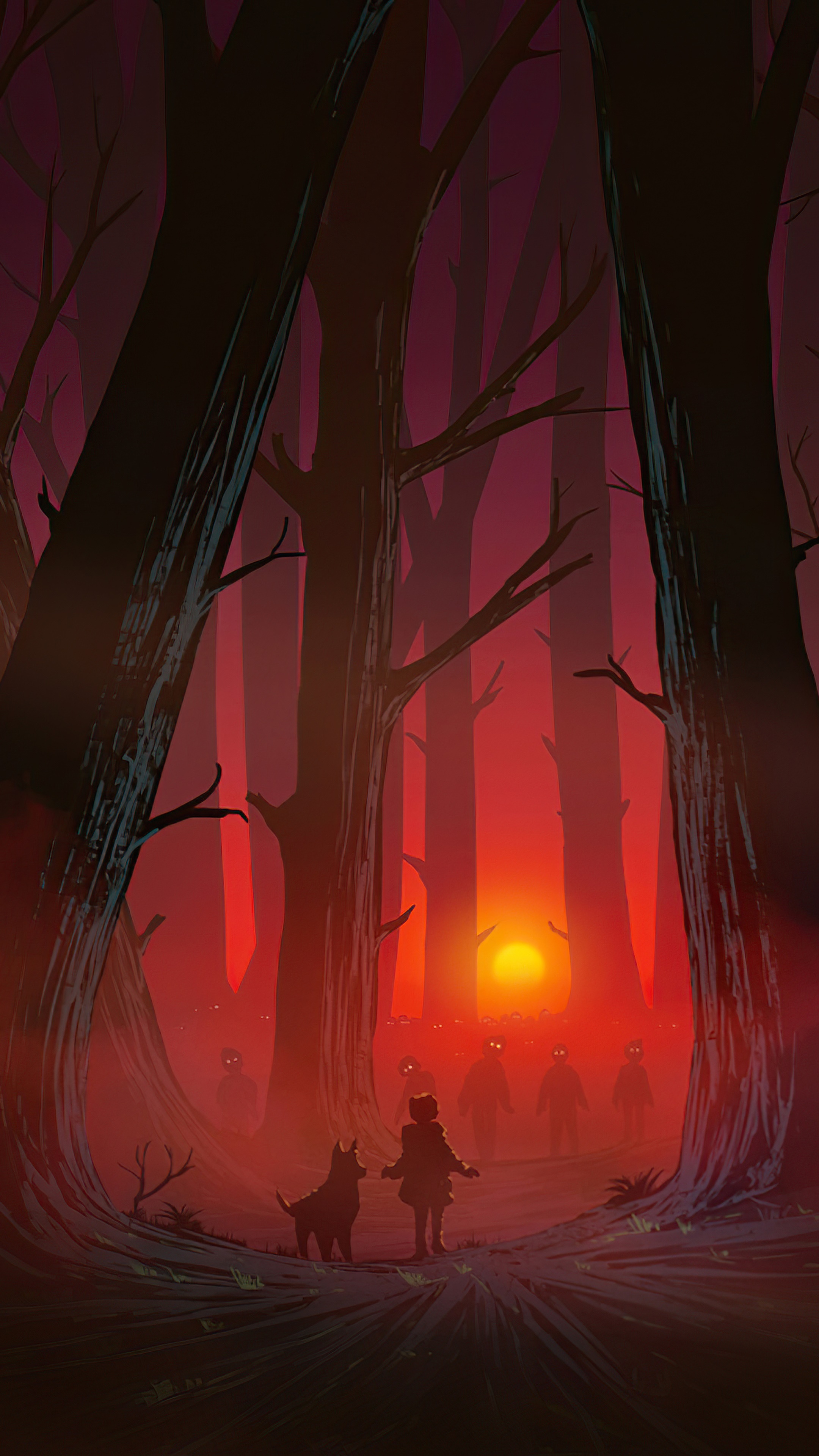 Girl and dog in a dark forest with creatures HD Phone Wallpaper