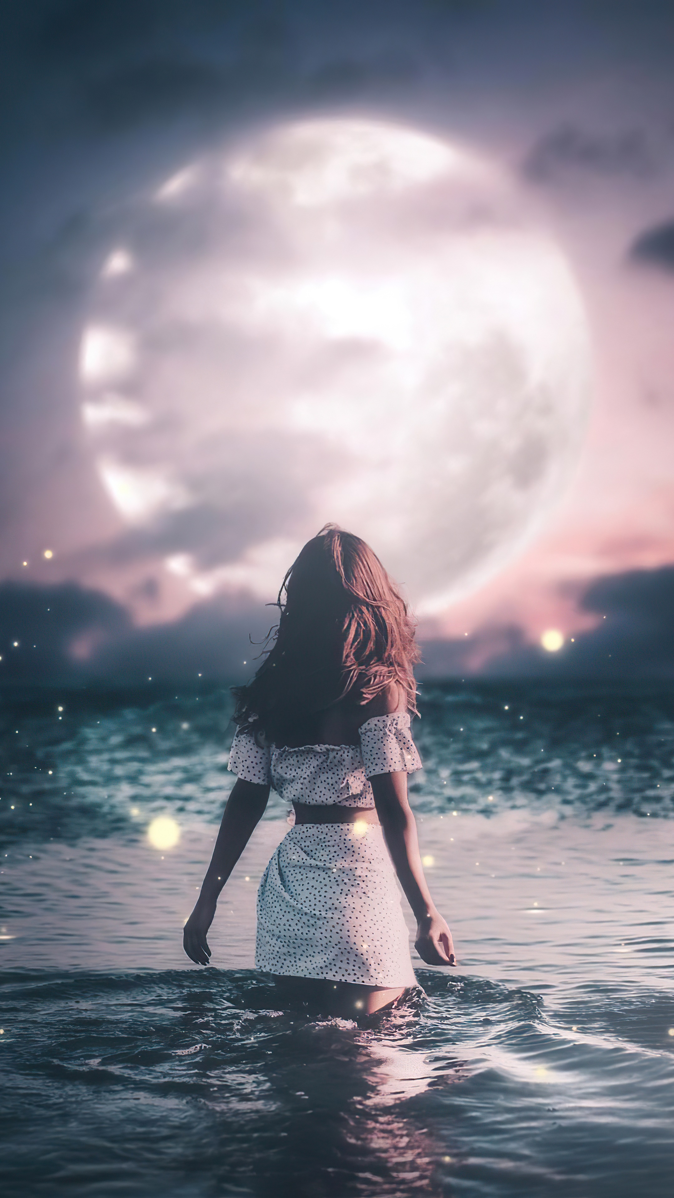 Woman standing in water under a large moon HD Phone Wallpaper