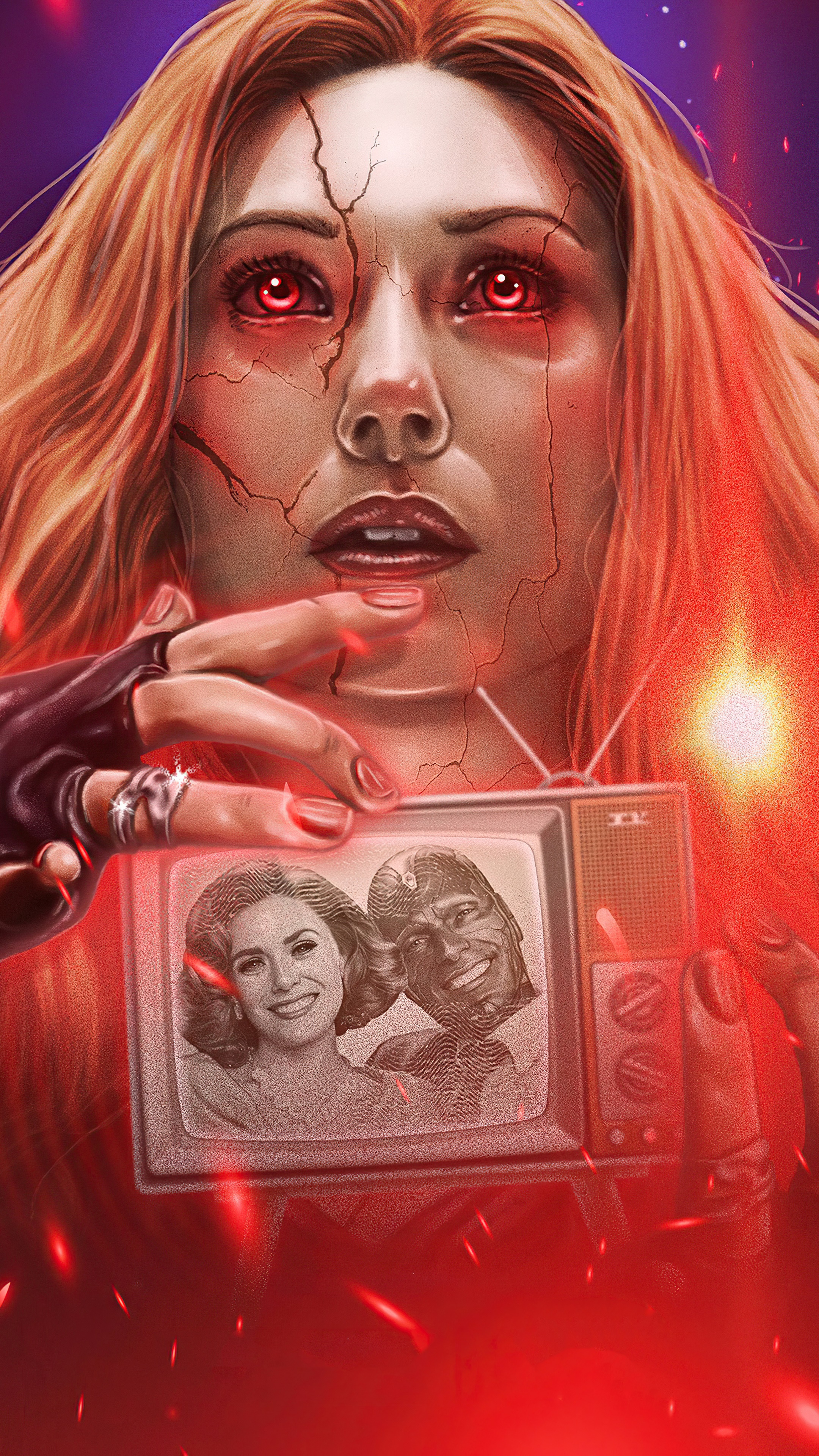Scarlet Witch from Wanda Vision holding a vintage TV HD Phone Wallpaper