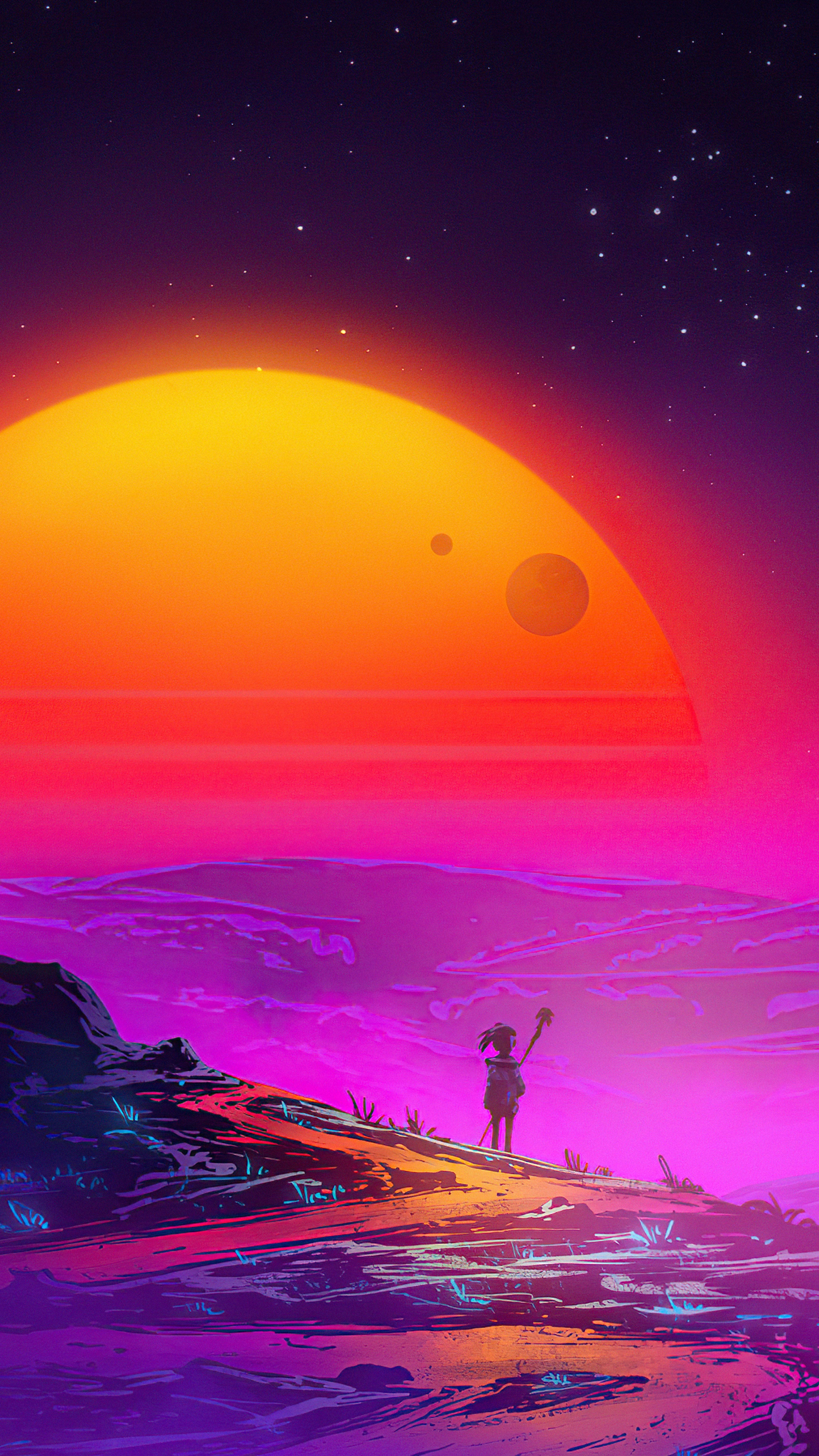 Synthwave artwork of a lone figure on an alien planet HD Phone Wallpaper