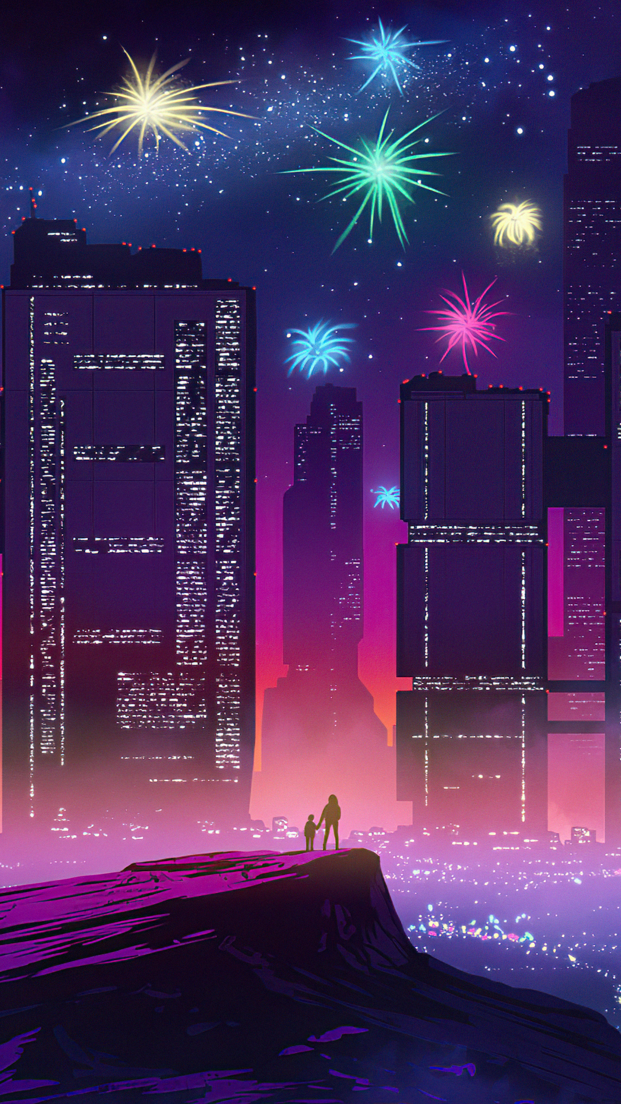 Couple watching fireworks over a futuristic city HD Phone Wallpaper