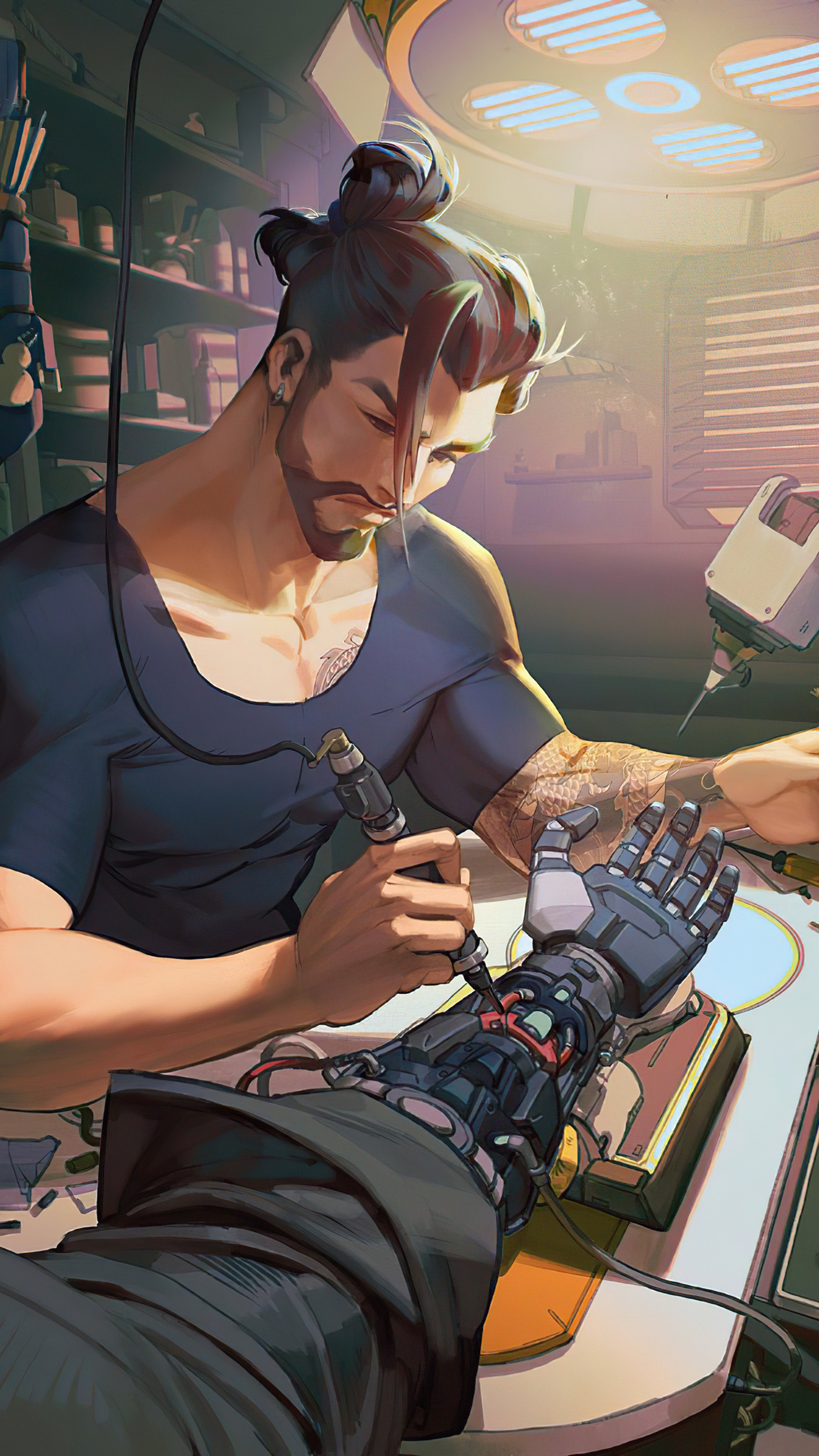 Hanzo from Overwatch working on a prosthetic arm HD Phone Wallpaper