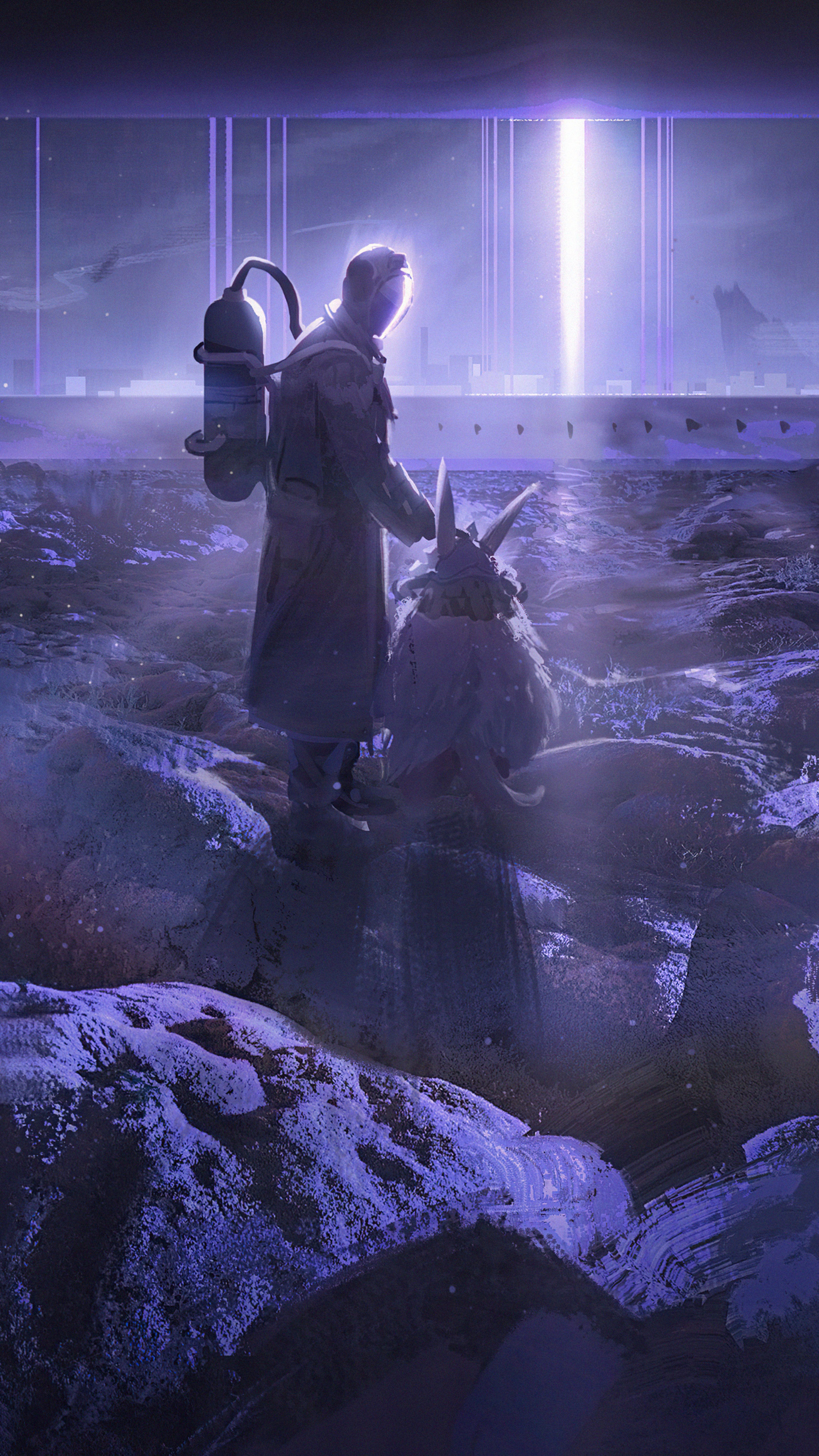 Man and creature in a futuristic landscape HD Phone Wallpaper