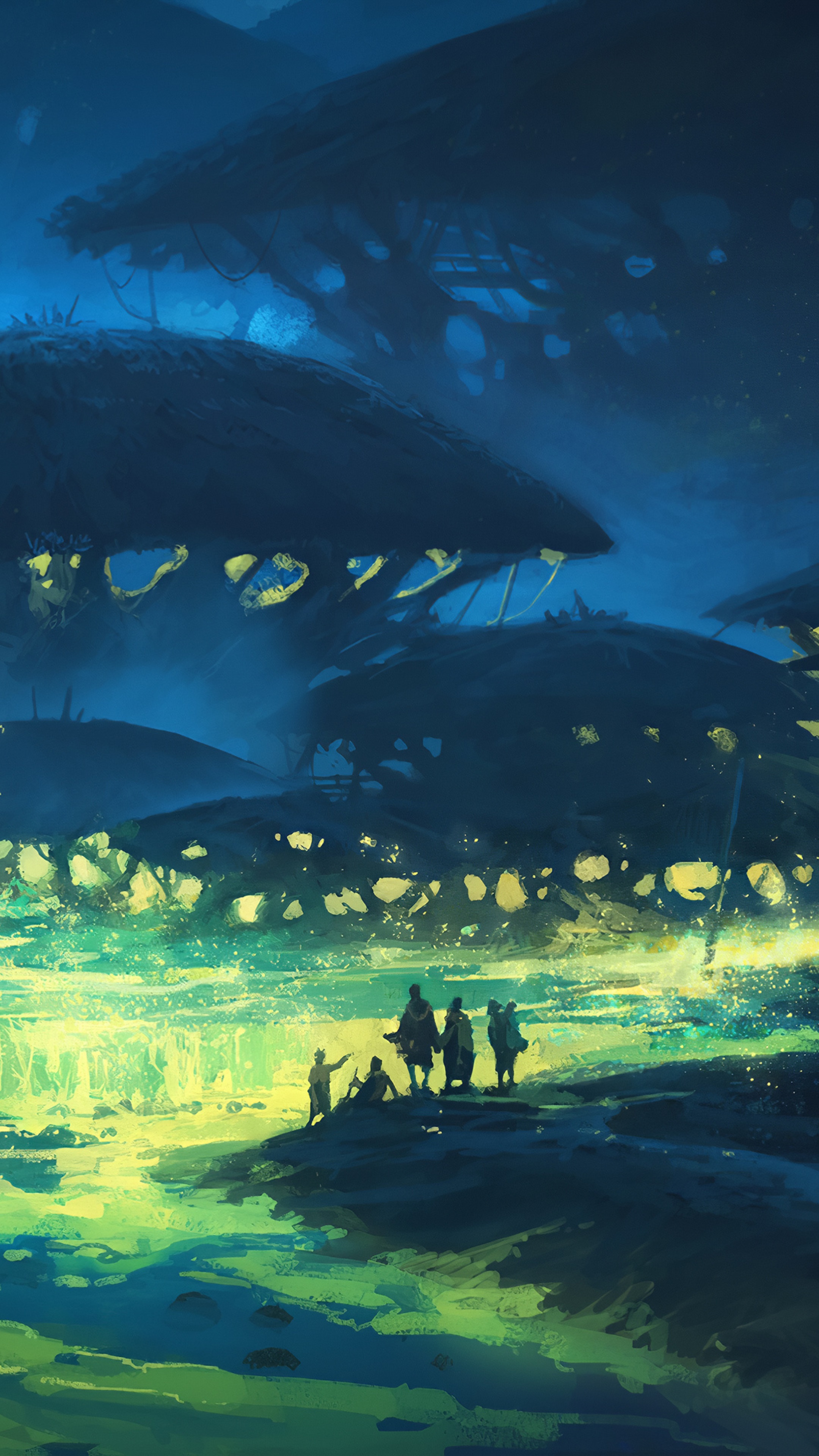 Alien landscape with glowing flora and explorers HD Phone Wallpaper
