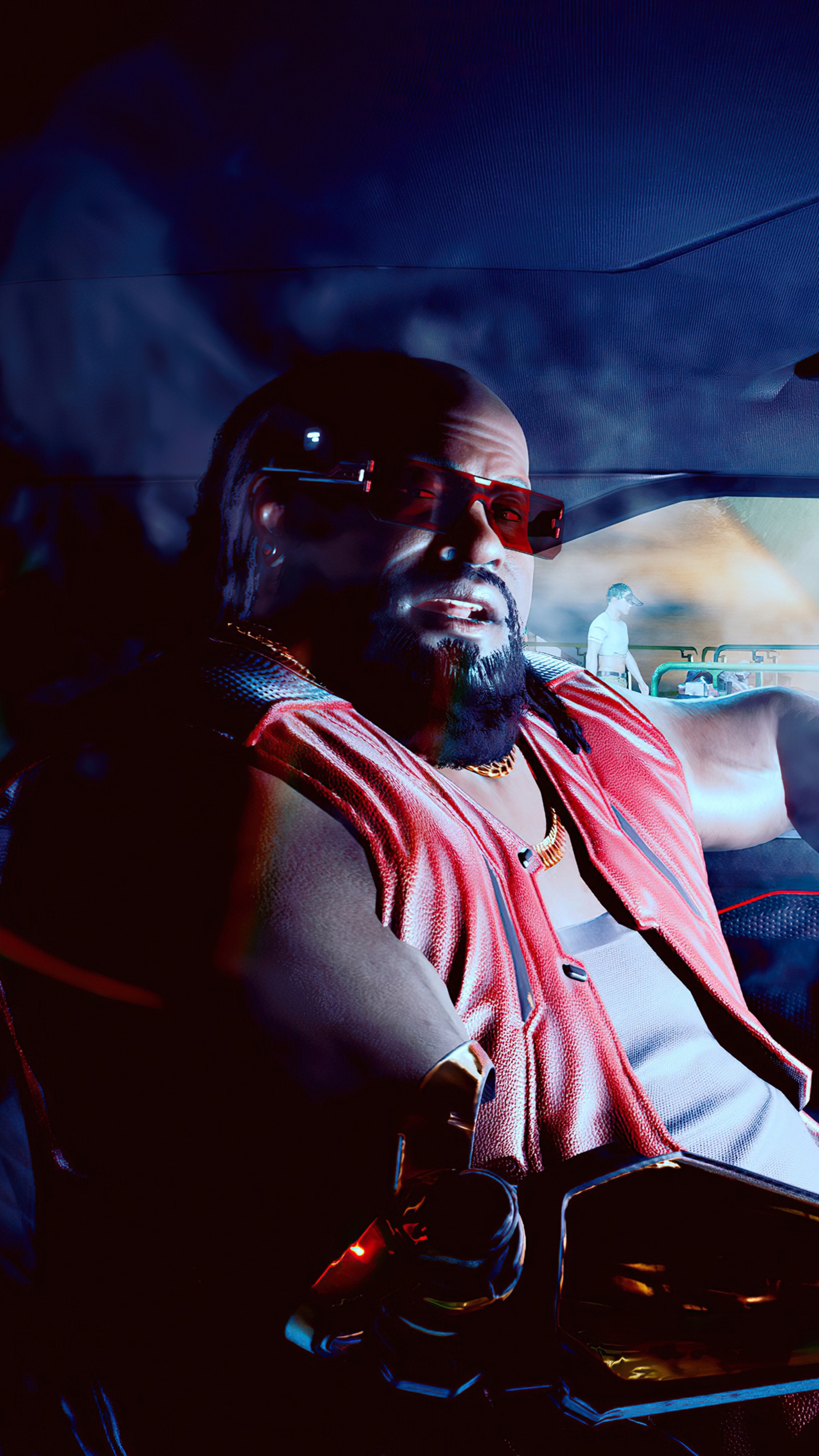 Man in red vest and sunglasses in Cyberpunk 2077 HD Phone Wallpaper
