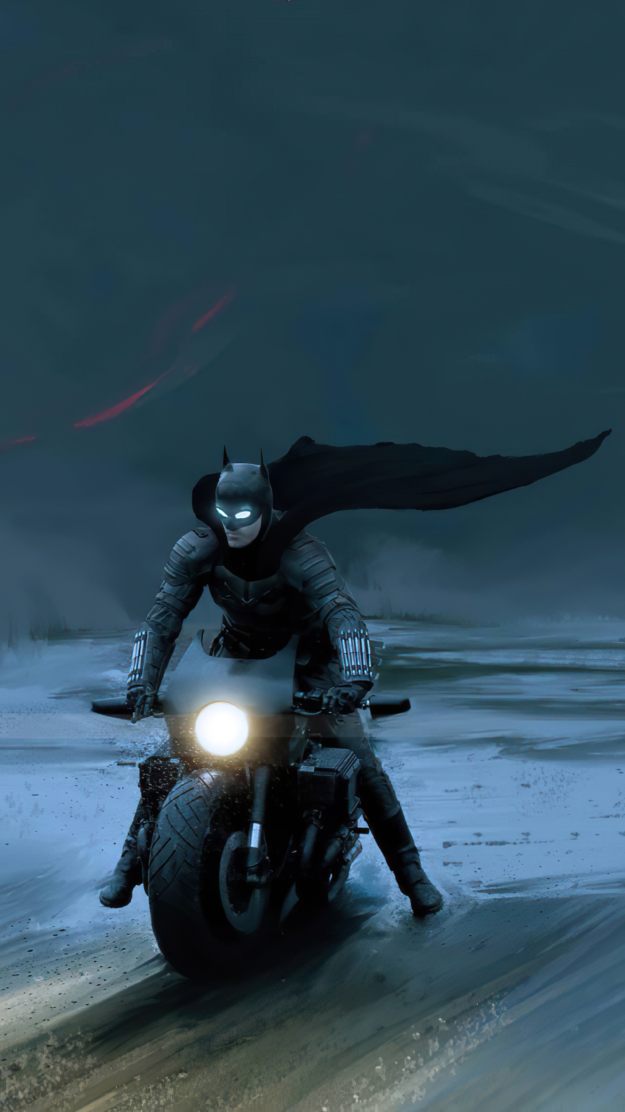 Batman on a motorcycle in a dark landscape HD Phone Wallpaper