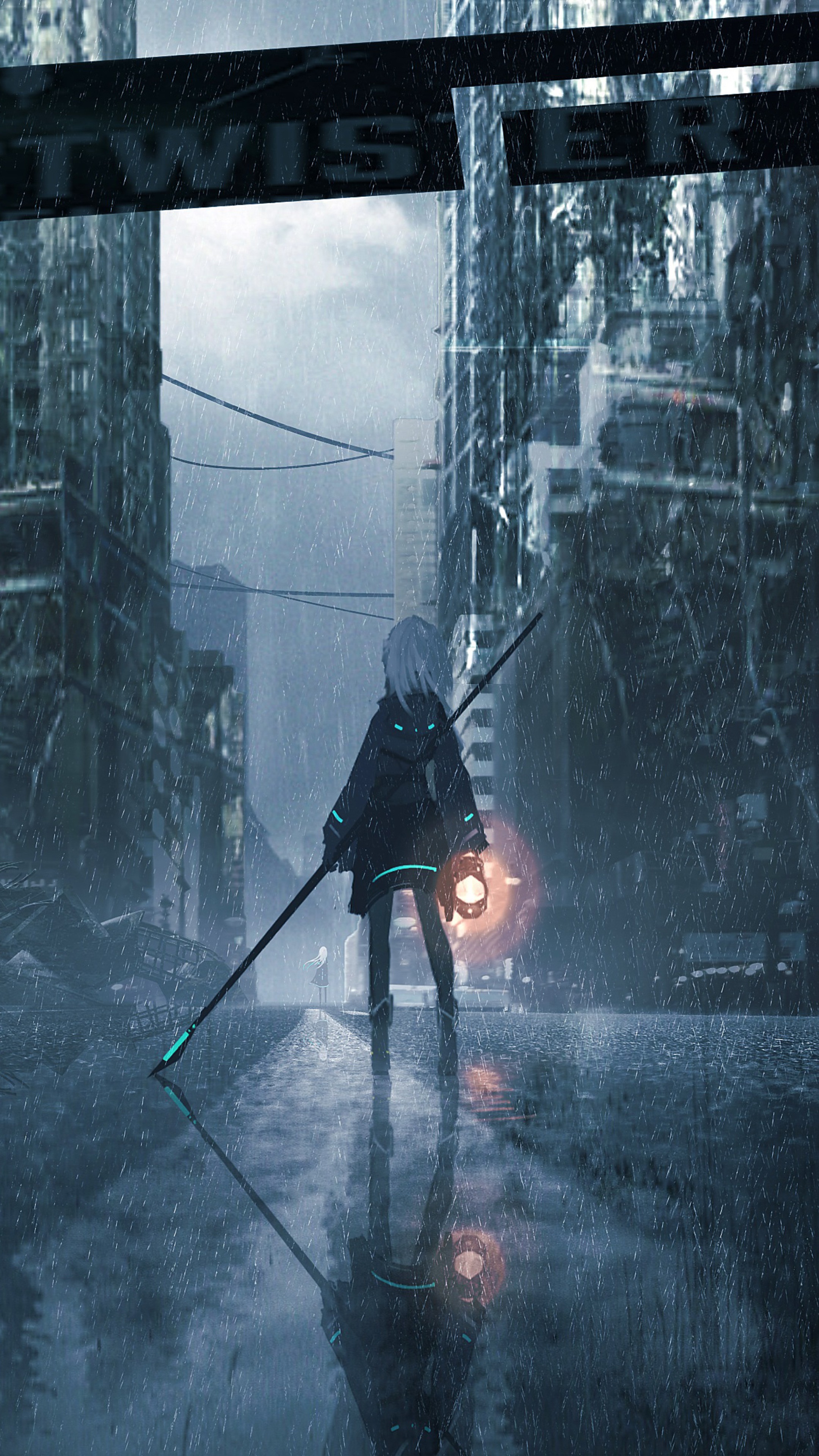 Anime girl with staff and lantern in ruined city HD Phone Wallpaper