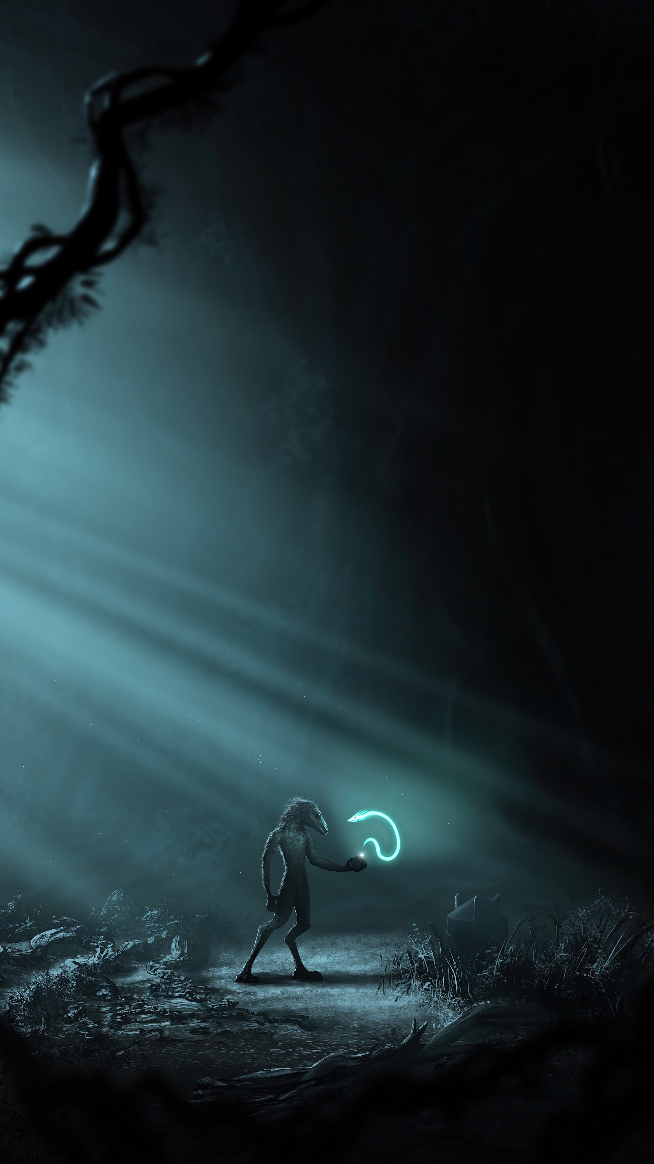 Alien holding glowing question mark in dark forest HD Phone Wallpaper