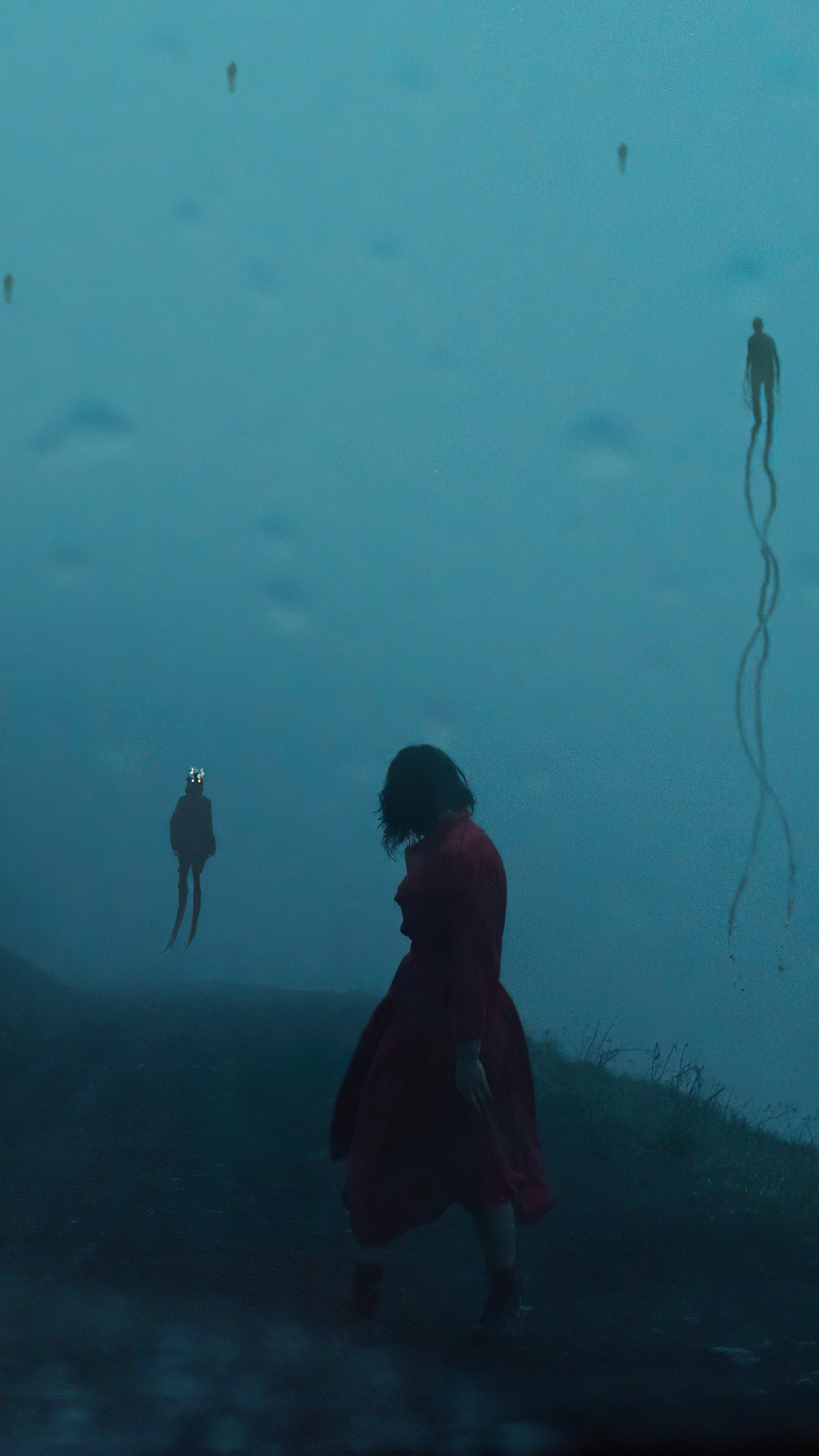 Digital art of figures in a foggy landscape HD Phone Wallpaper