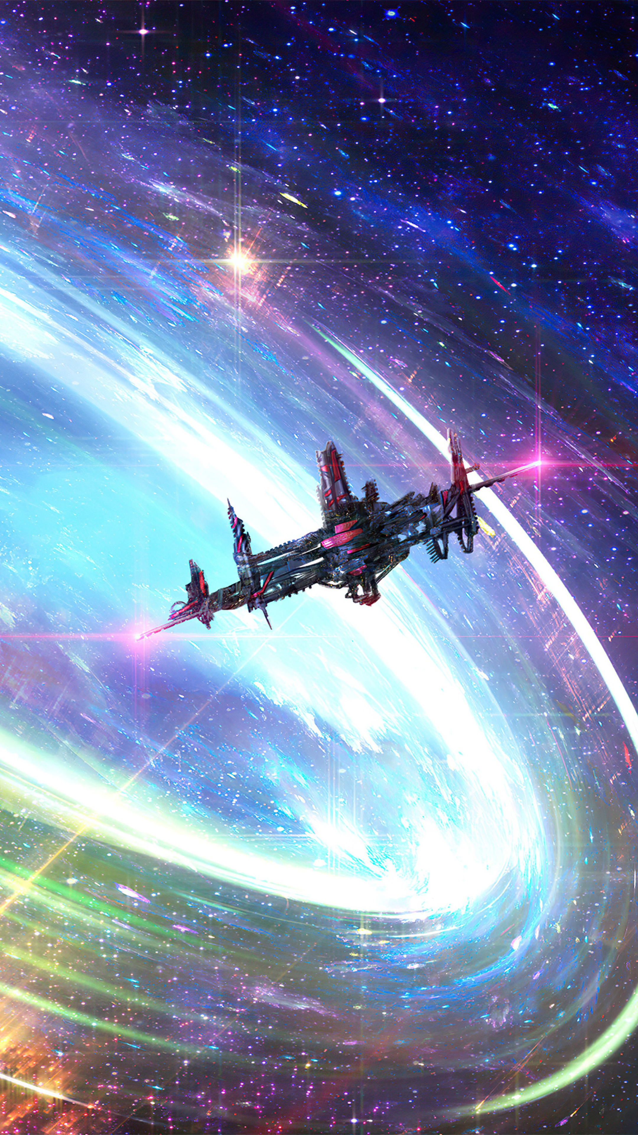 Spaceship in a colorful nebula HD Phone Wallpaper
