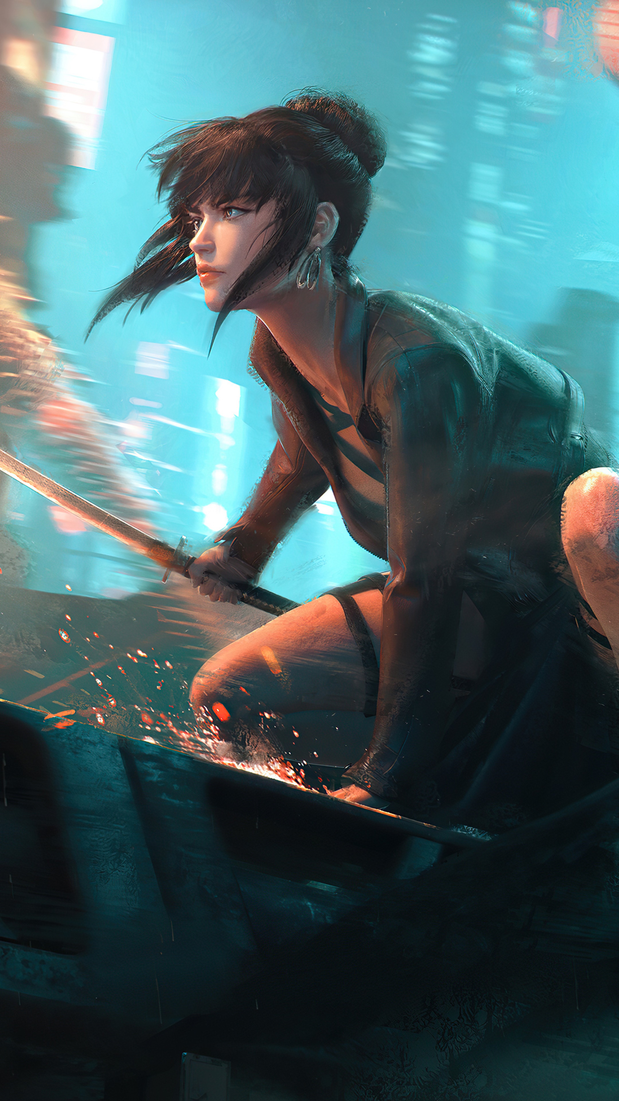 Cyberpunk girl with katana in a neon city HD Phone Wallpaper