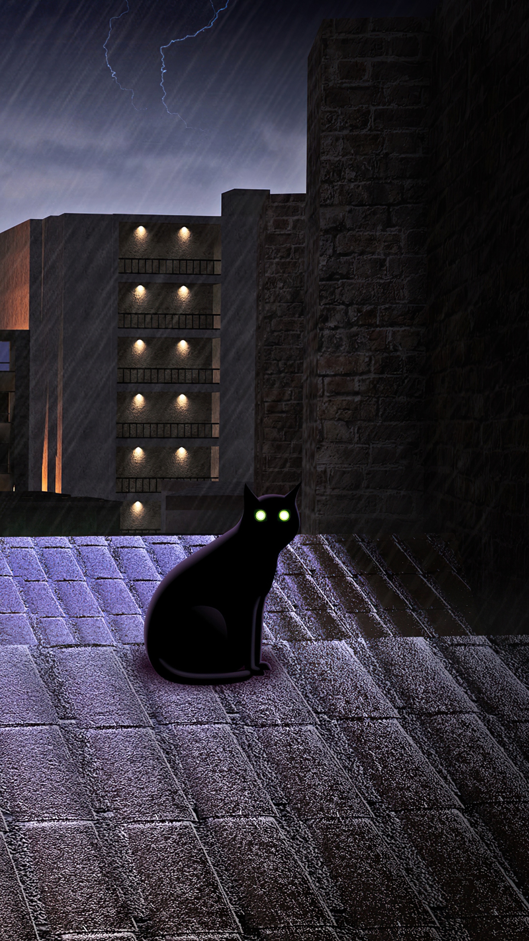 Black cat on a rooftop during a thunderstorm HD Phone Wallpaper