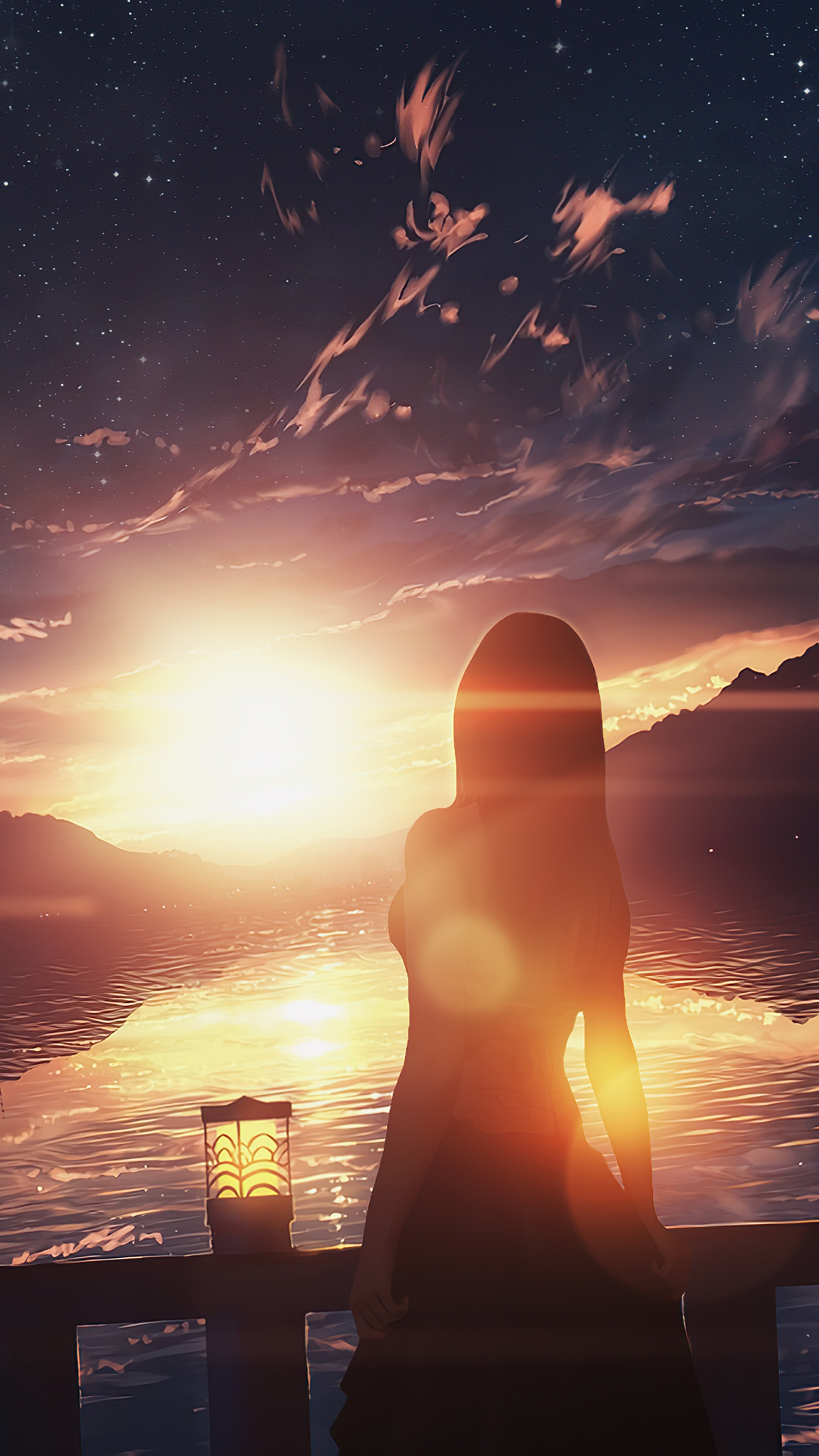 Anime girl watching sunset over lake HD Phone Wallpaper
