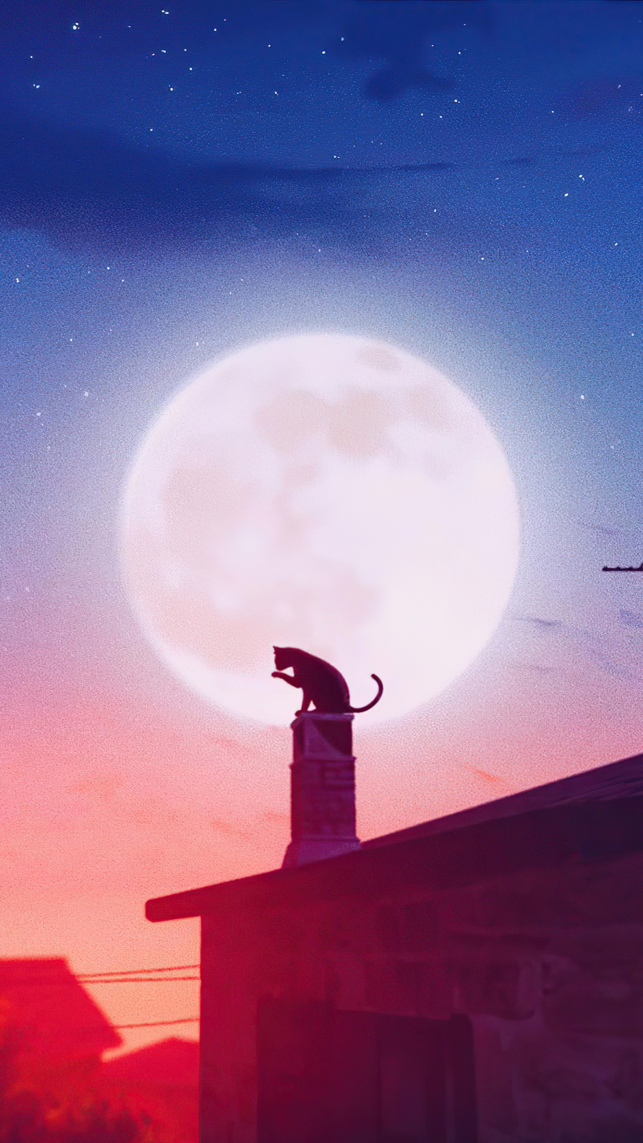 Black cat on a chimney with a large moon HD Phone Wallpaper