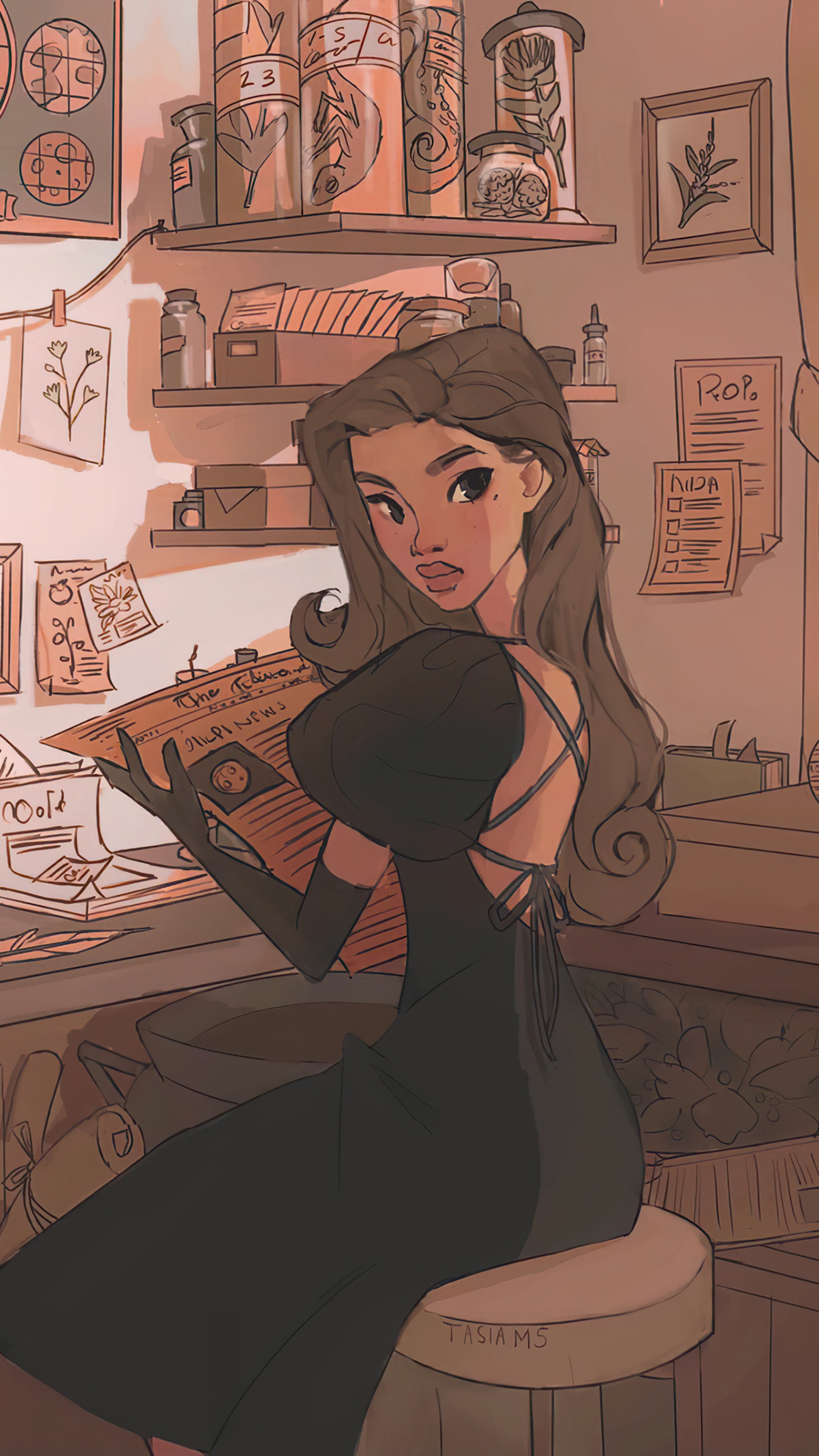 Witch in a black dress at a desk HD Phone Wallpaper