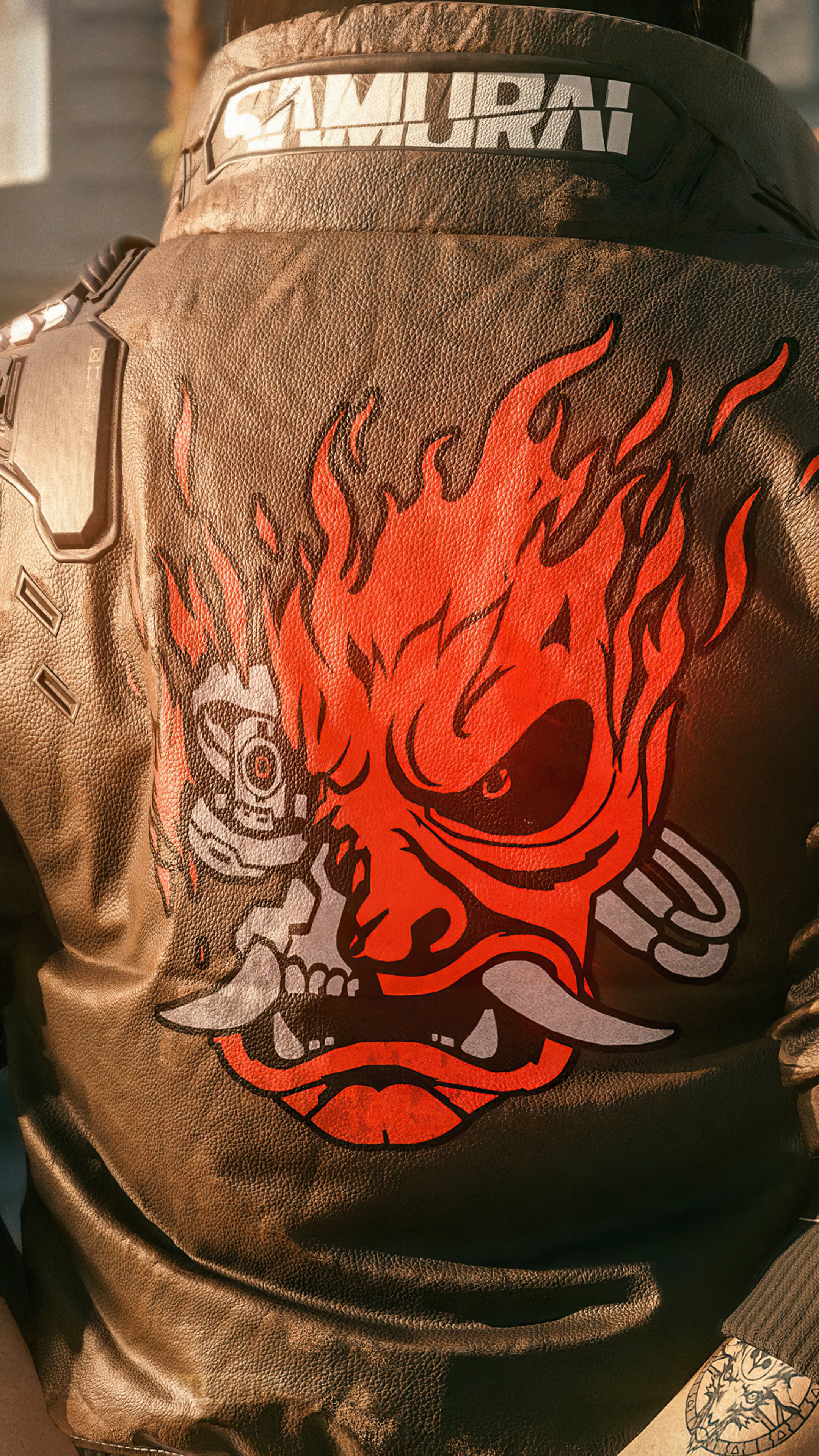 Samurai jacket with flaming mask from Cyberpunk 2077 HD Phone Wallpaper