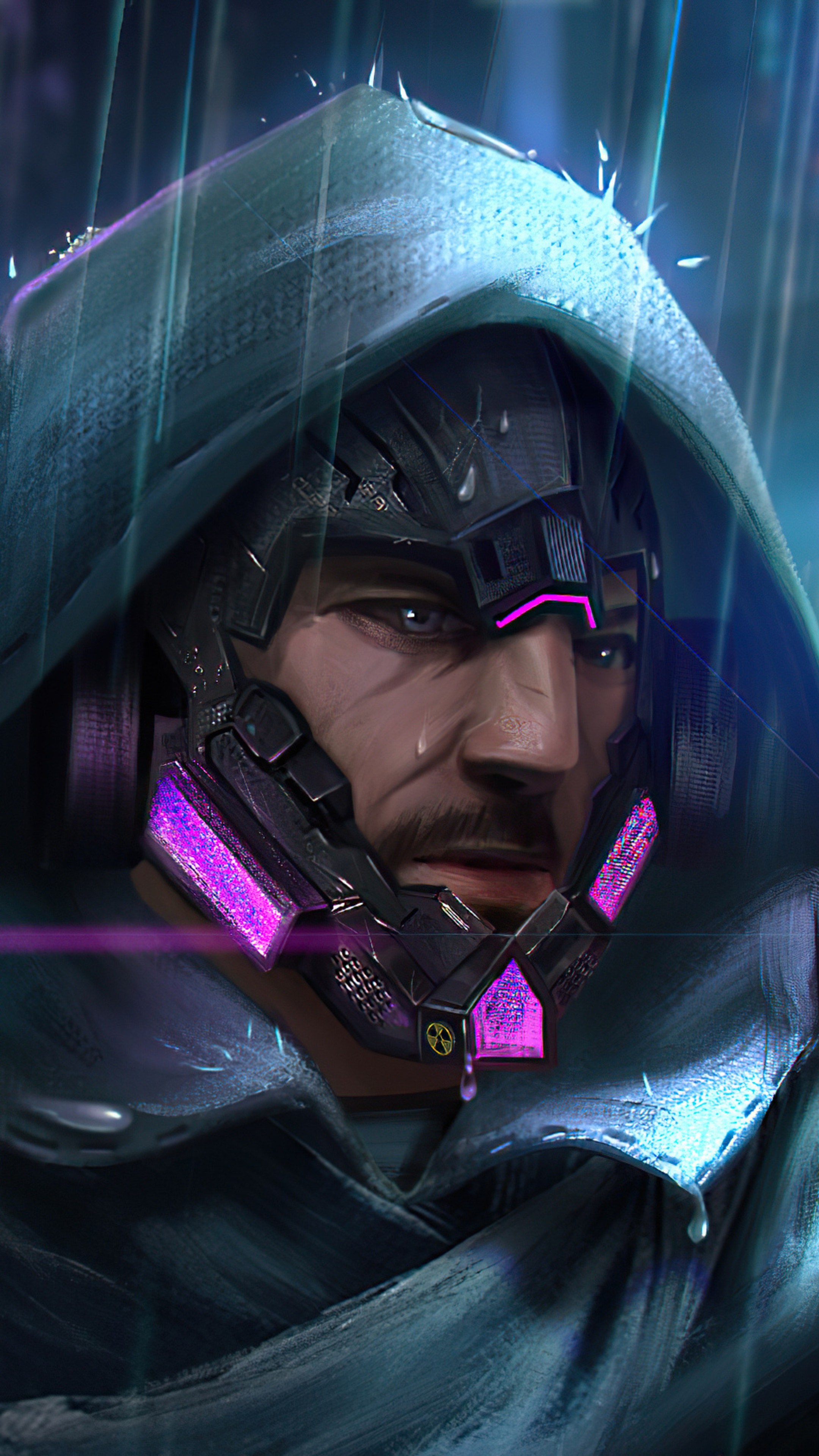 Man in futuristic helmet and hood in rain HD Phone Wallpaper