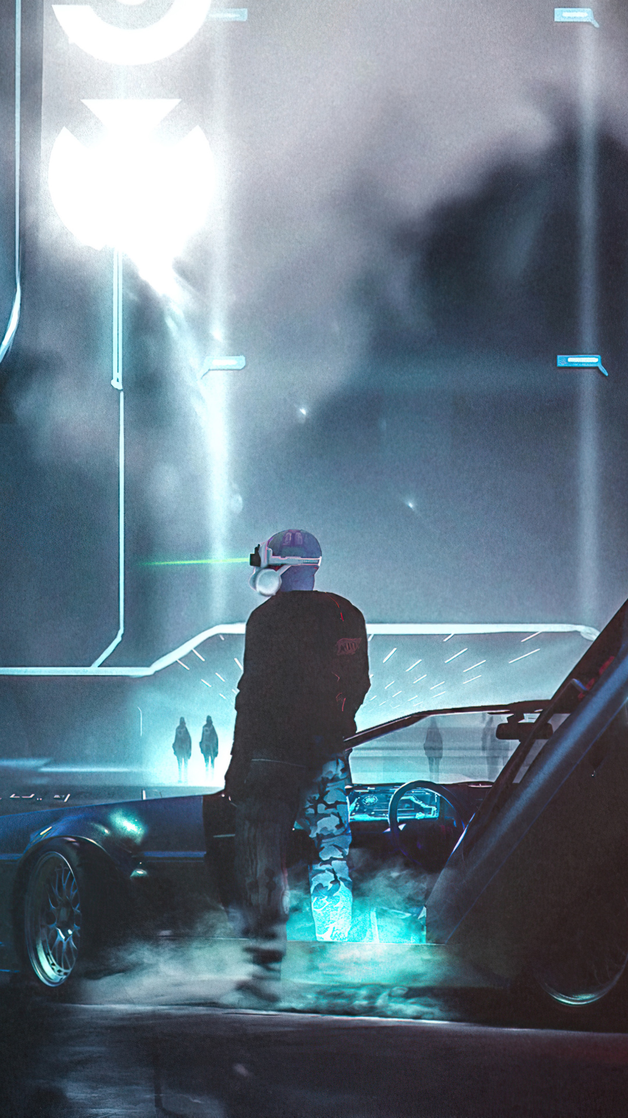 Cyberpunk artwork of a person with VR headset near a car HD Phone Wallpaper