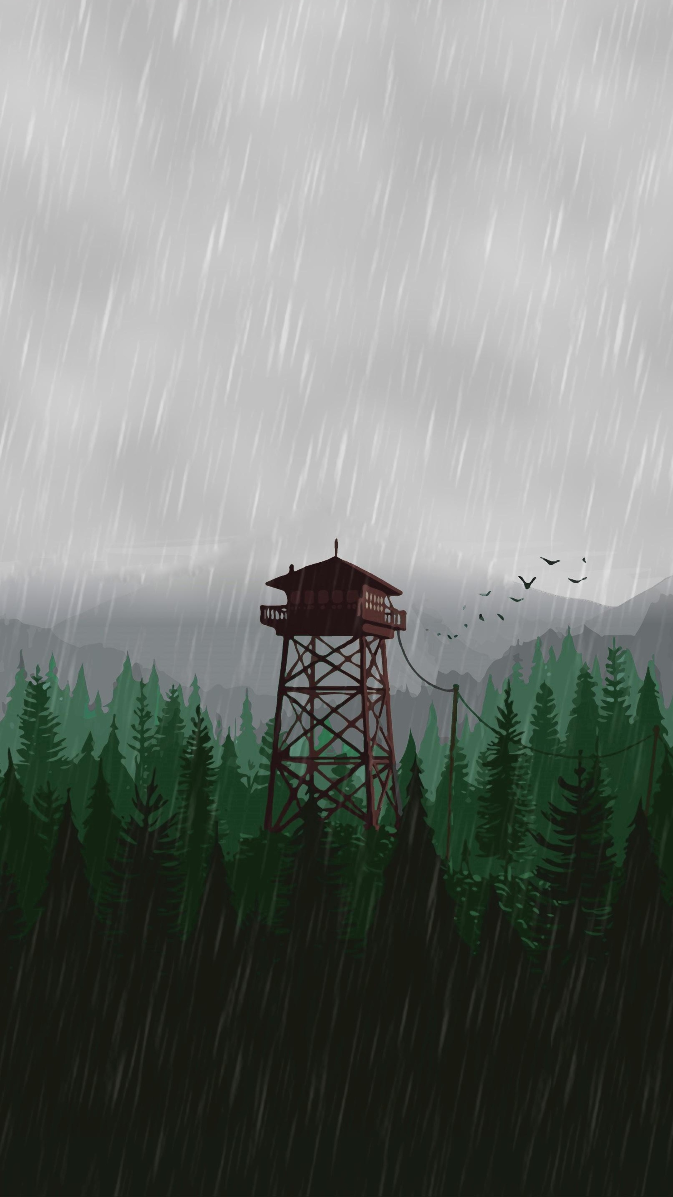 Firewatch tower in a rainy forest HD Phone Wallpaper