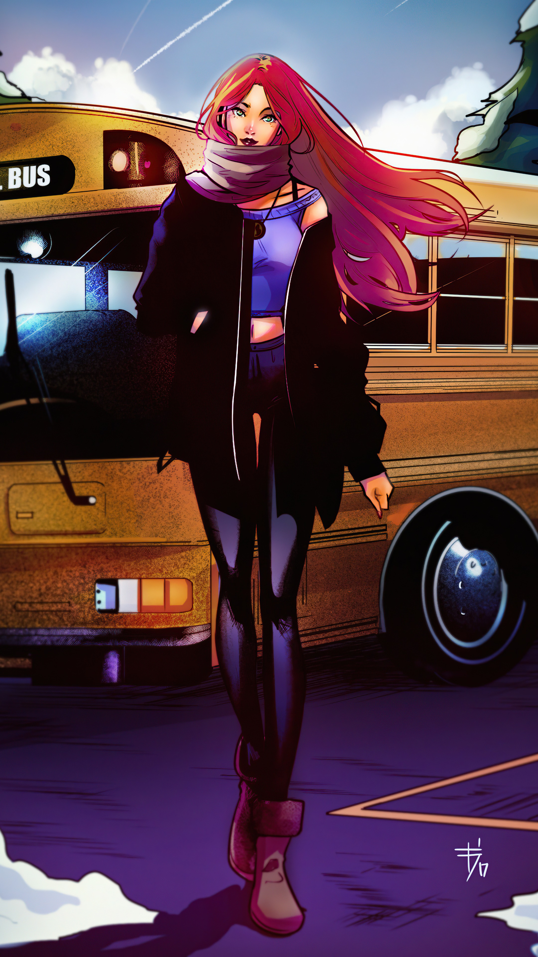 Starfire walking in front of a school bus in the snow HD Phone Wallpaper
