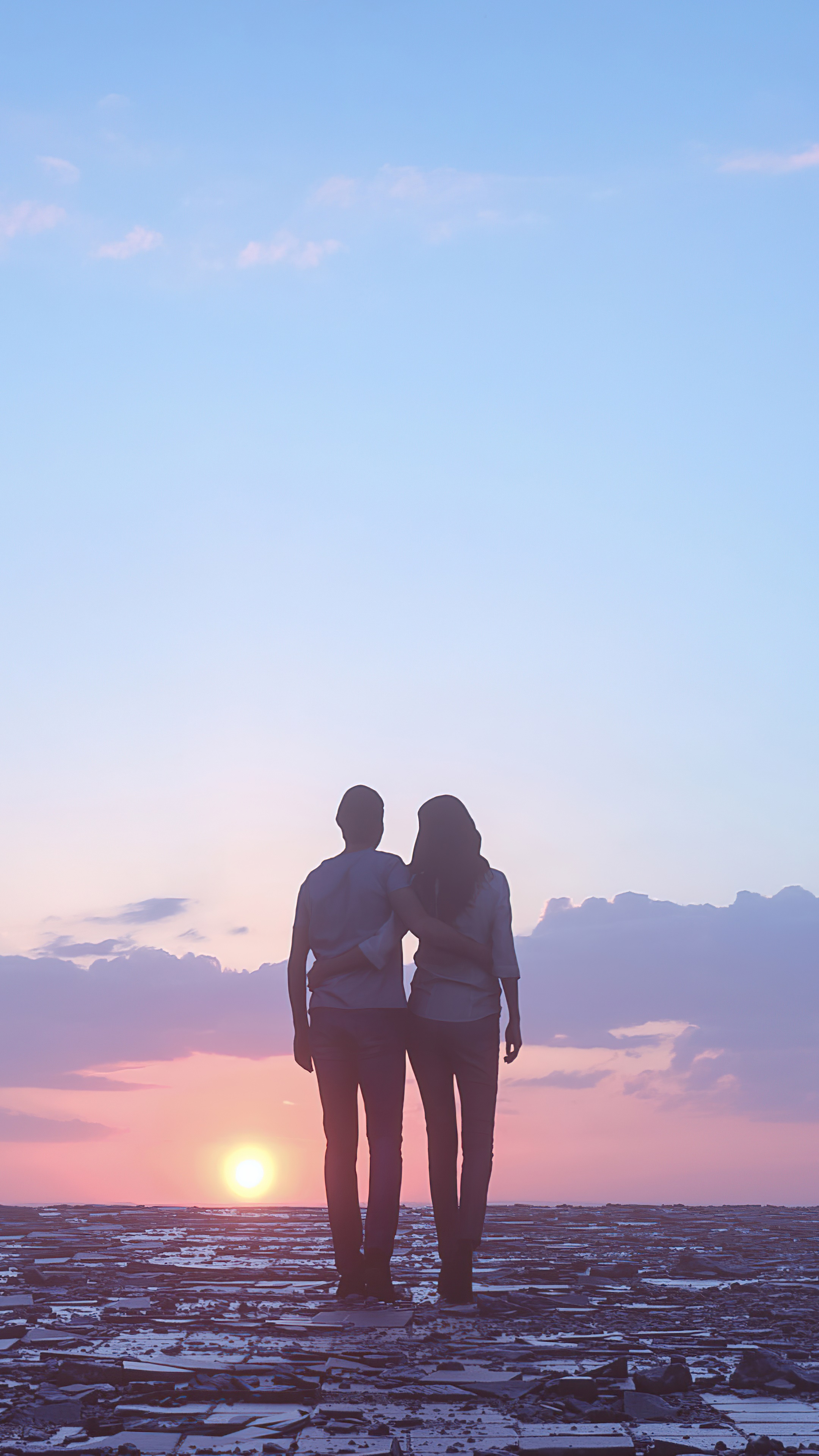 Couple watching sunset over textured ground, digital art HD Phone Wallpaper