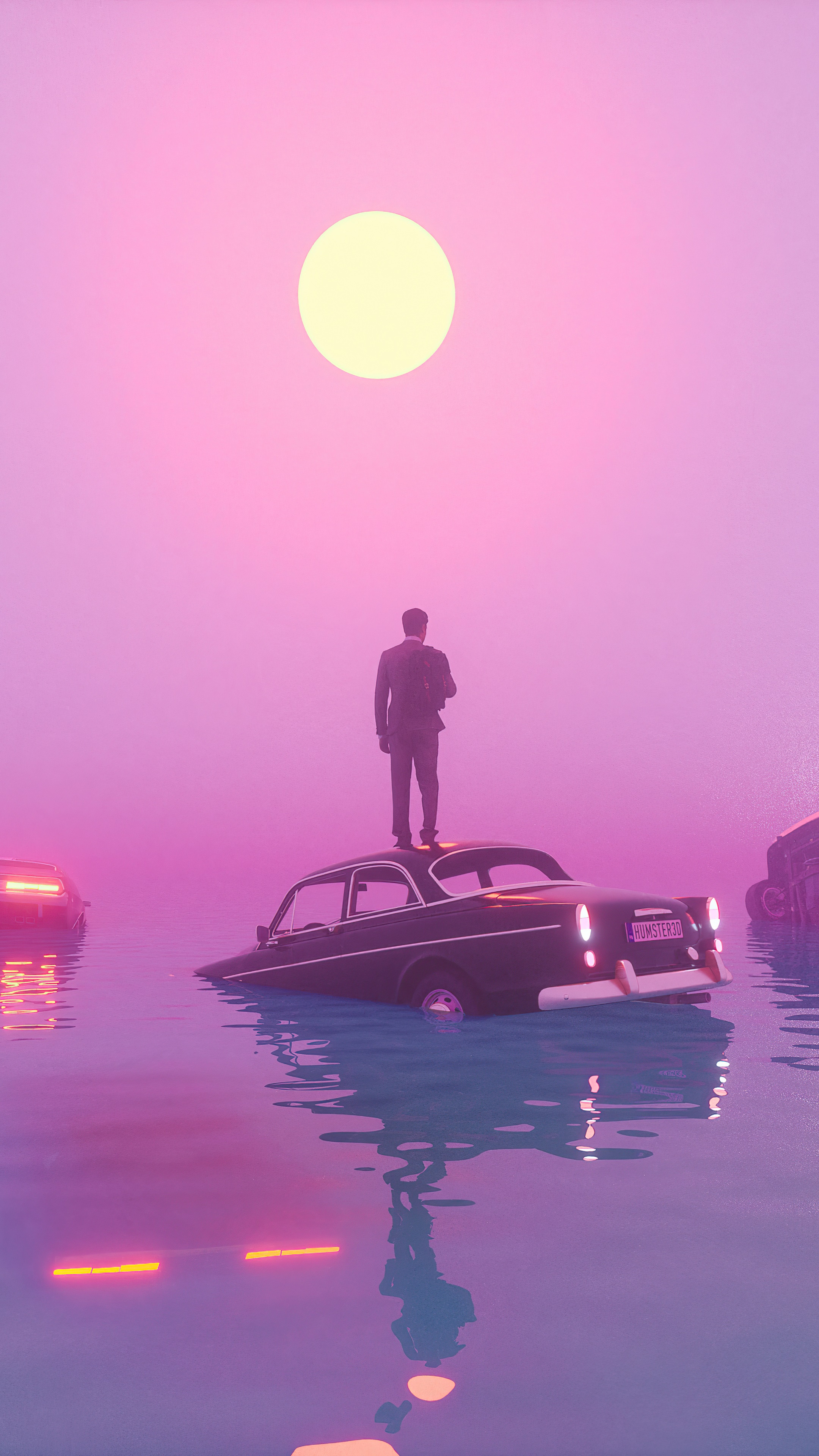 Man standing on a car in pink water HD Phone Wallpaper