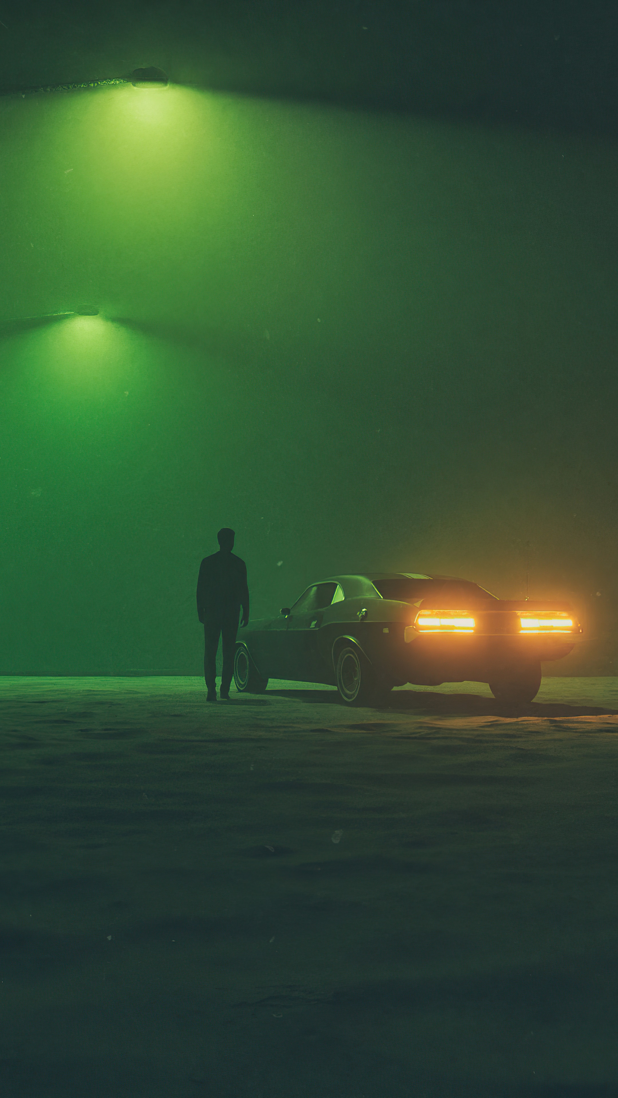 Man standing next to a car with glowing taillights HD Phone Wallpaper
