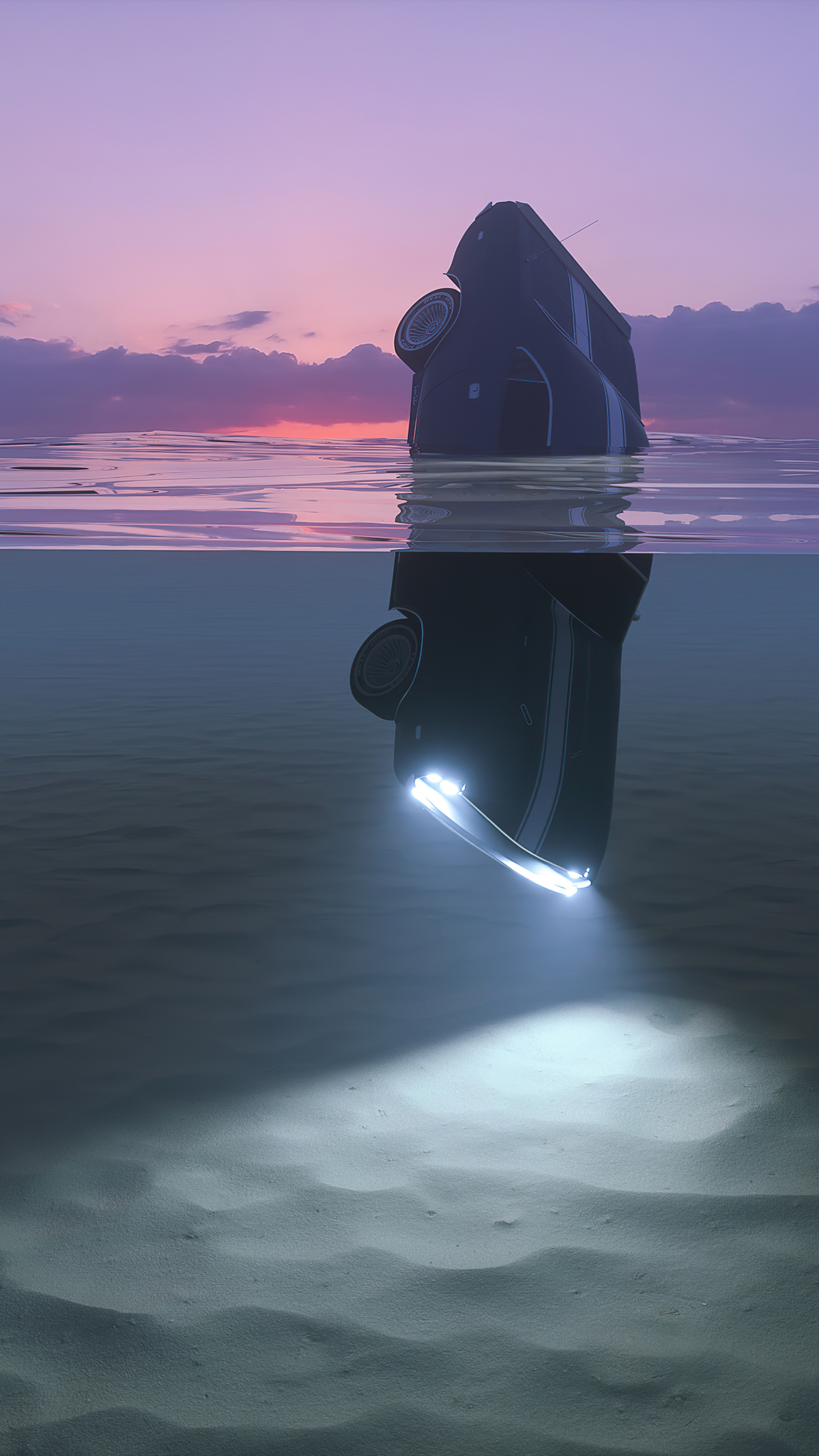 Car submerged in water at sunset HD Phone Wallpaper
