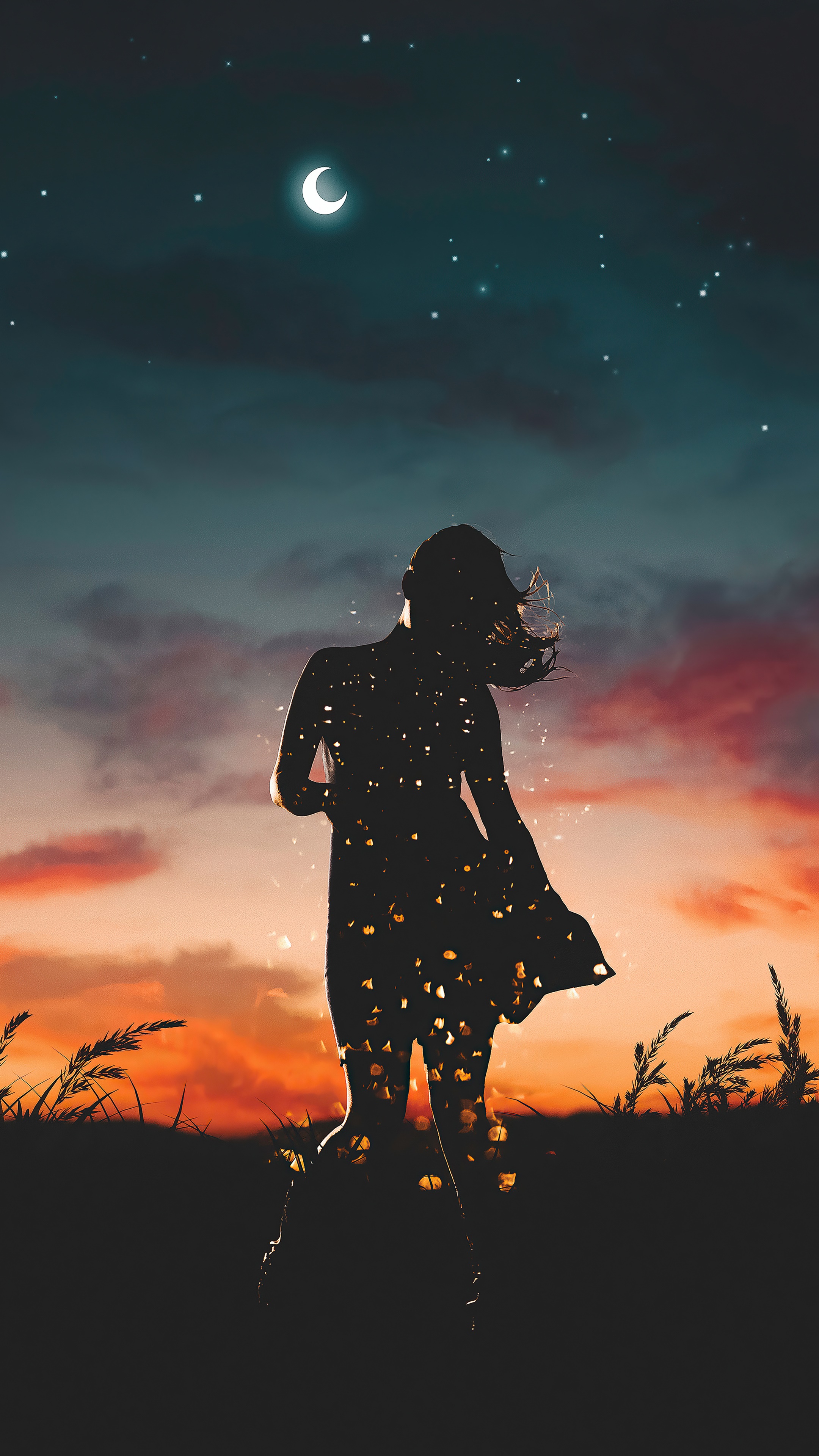 Silhouette of a woman against a starry night sky and sunset HD Phone Wallpaper