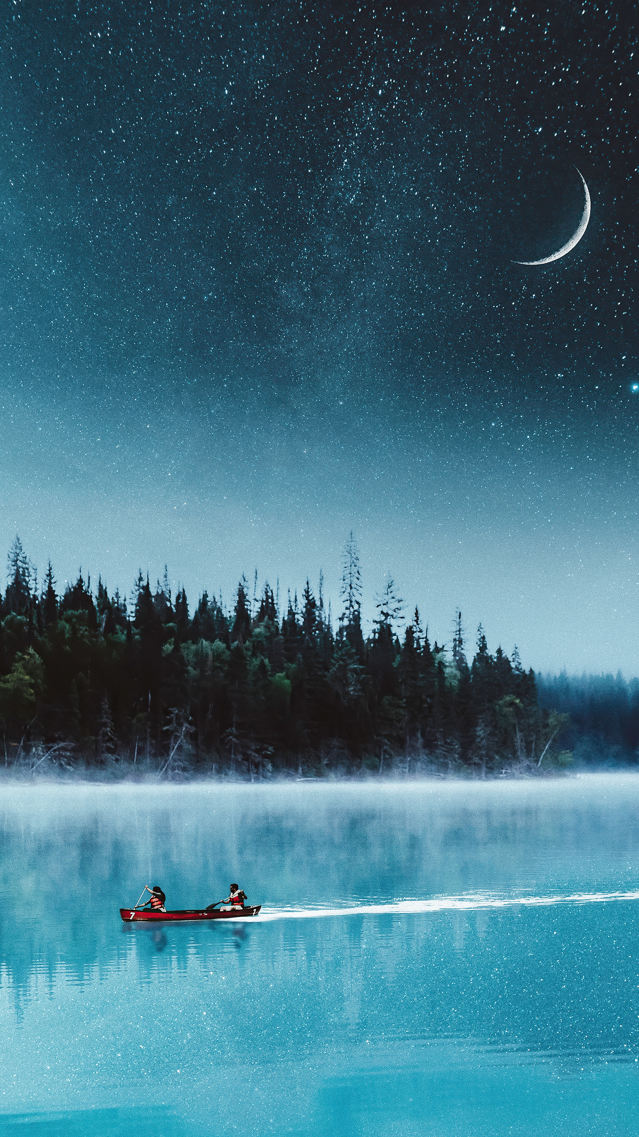 Canoe on a lake under a starry night sky HD Phone Wallpaper