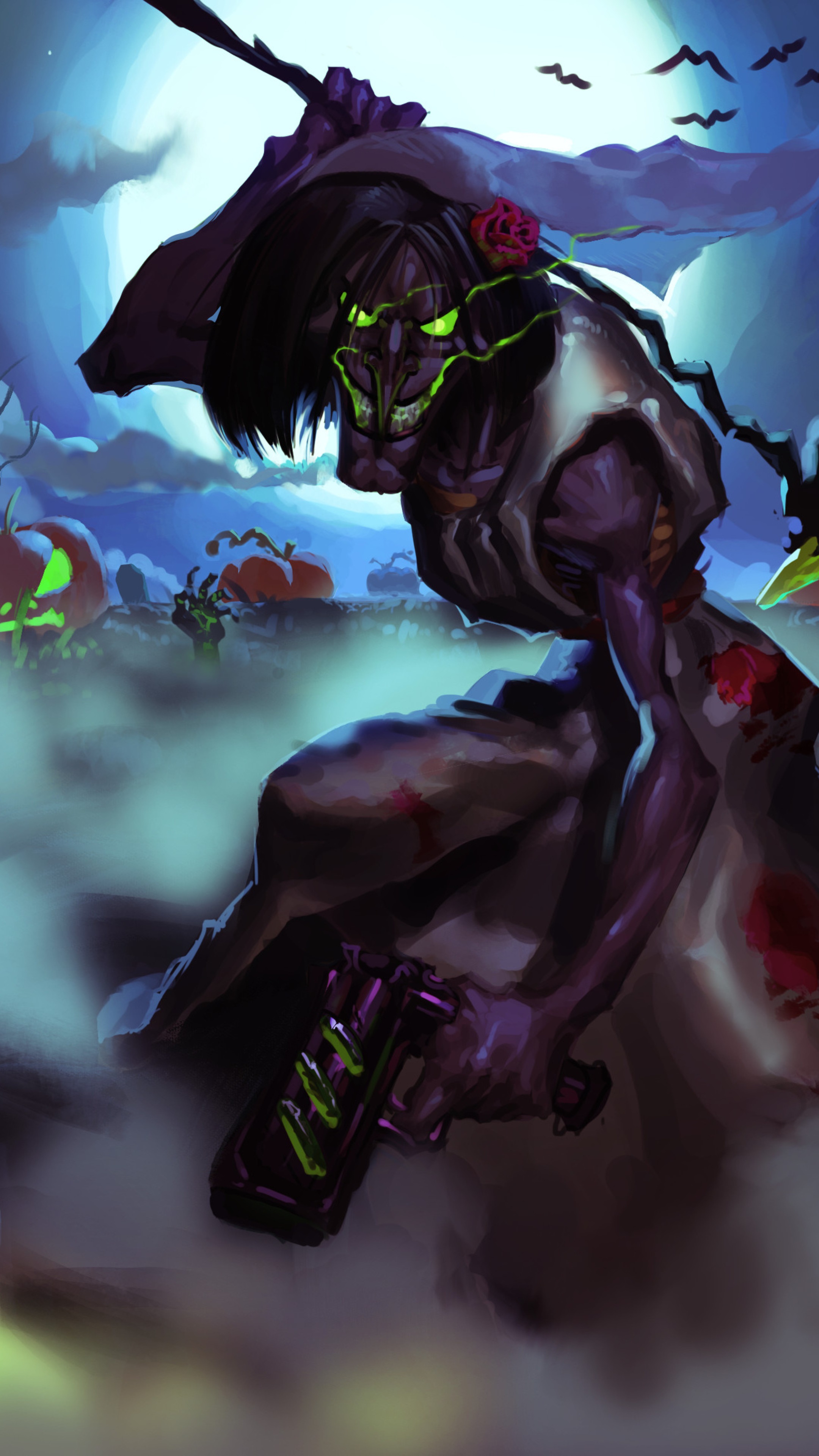 Halloween zombie witch with gun and pumpkins HD Phone Wallpaper