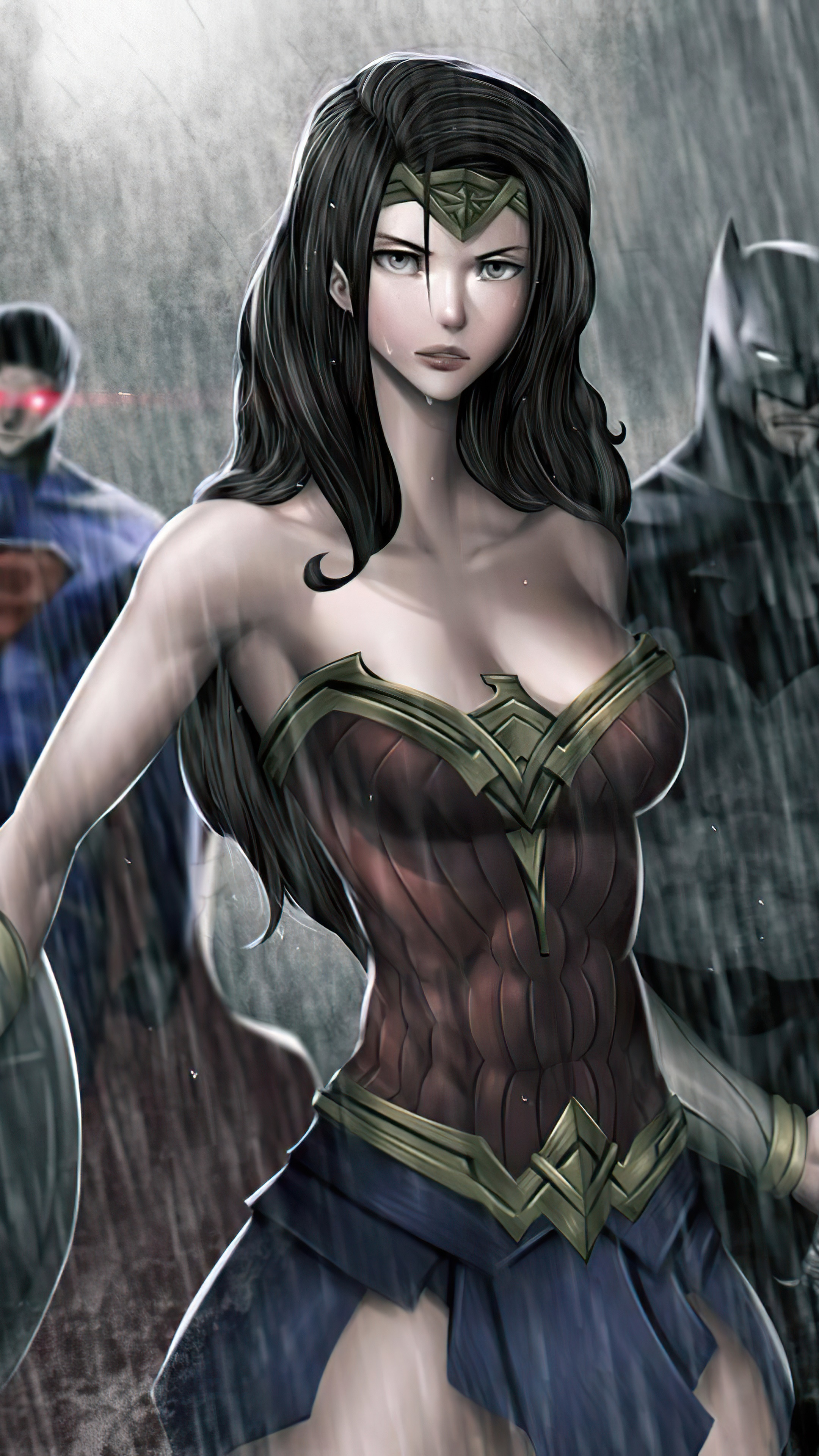 Wonder Woman, Superman, and Batman in the Rain HD Phone Wallpaper