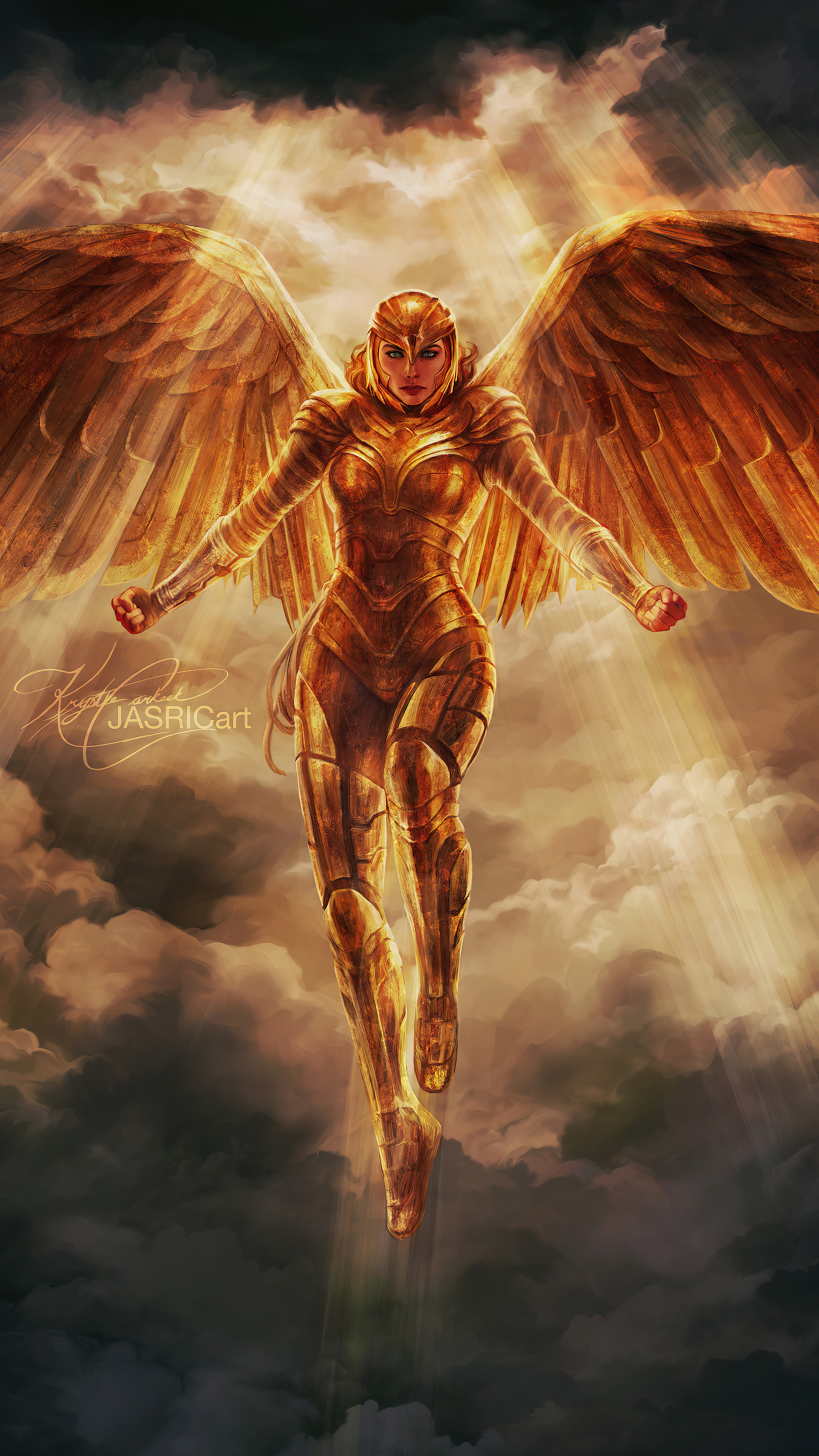 Wonder Woman in Golden Armor with Wings HD Phone Wallpaper