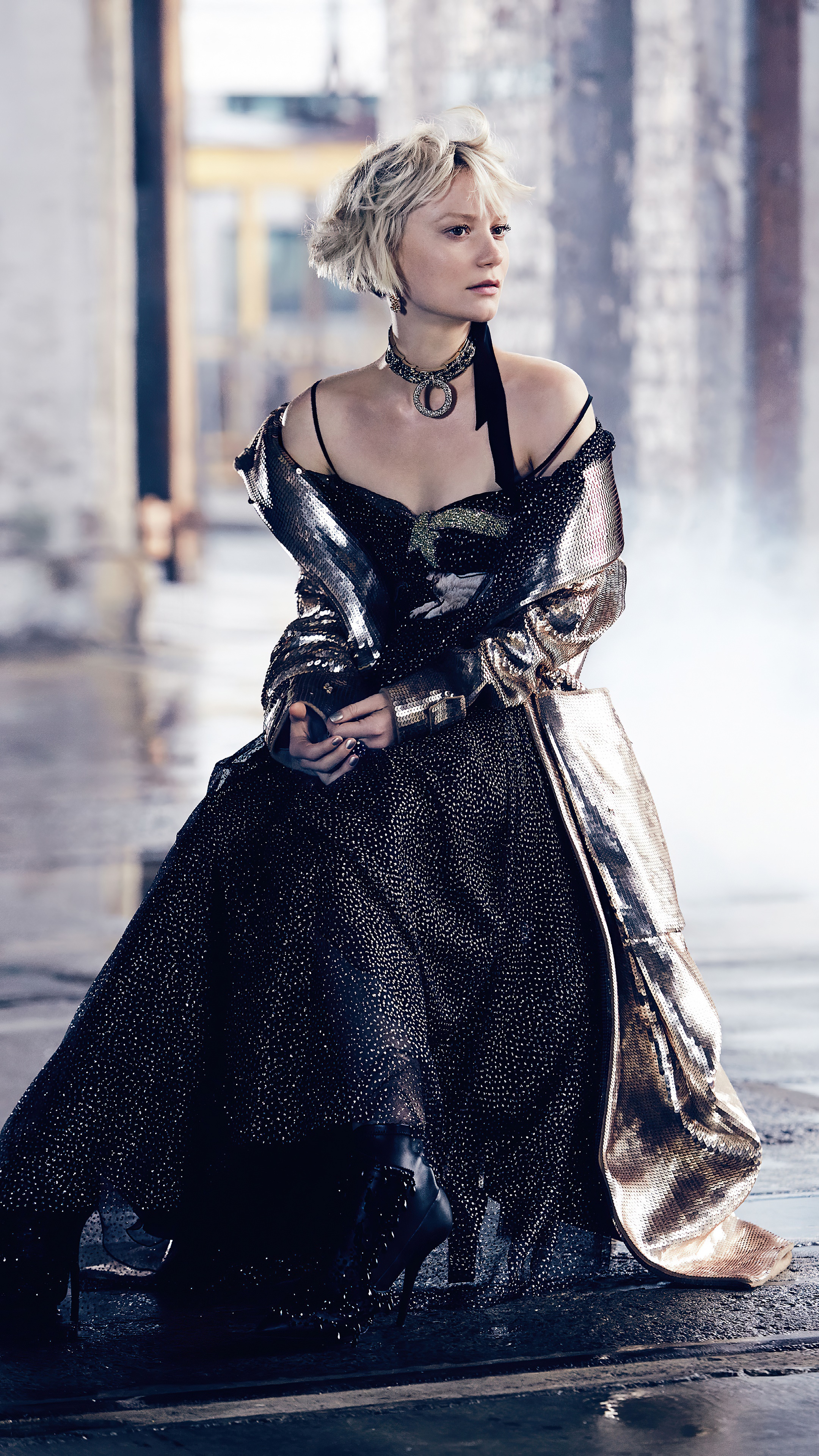 Mia Wasikowska in a sparkling dress and coat HD Phone Wallpaper