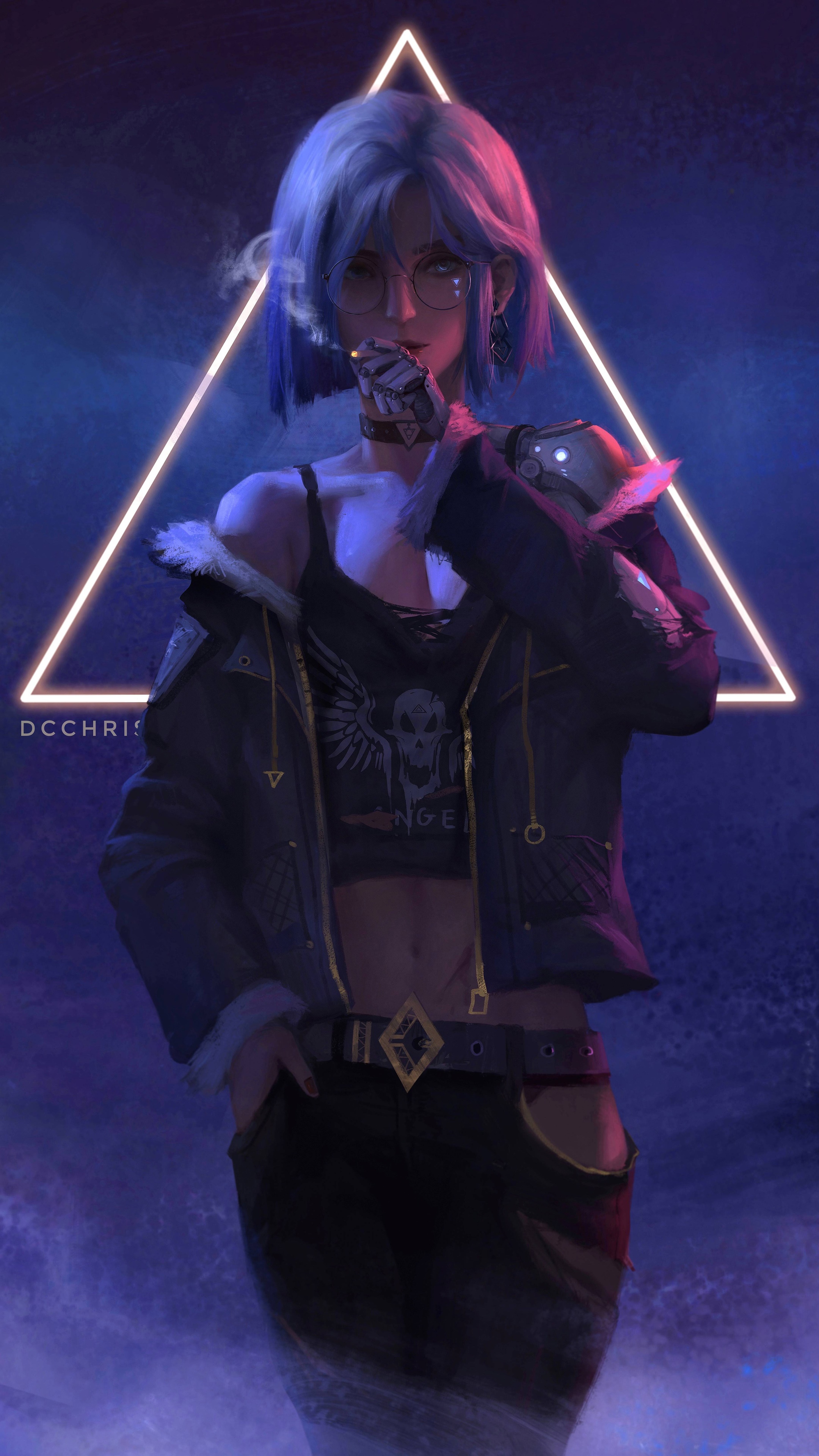 Cyberpunk girl with blue hair smoking in front of a neon triangle HD Phone Wallpaper