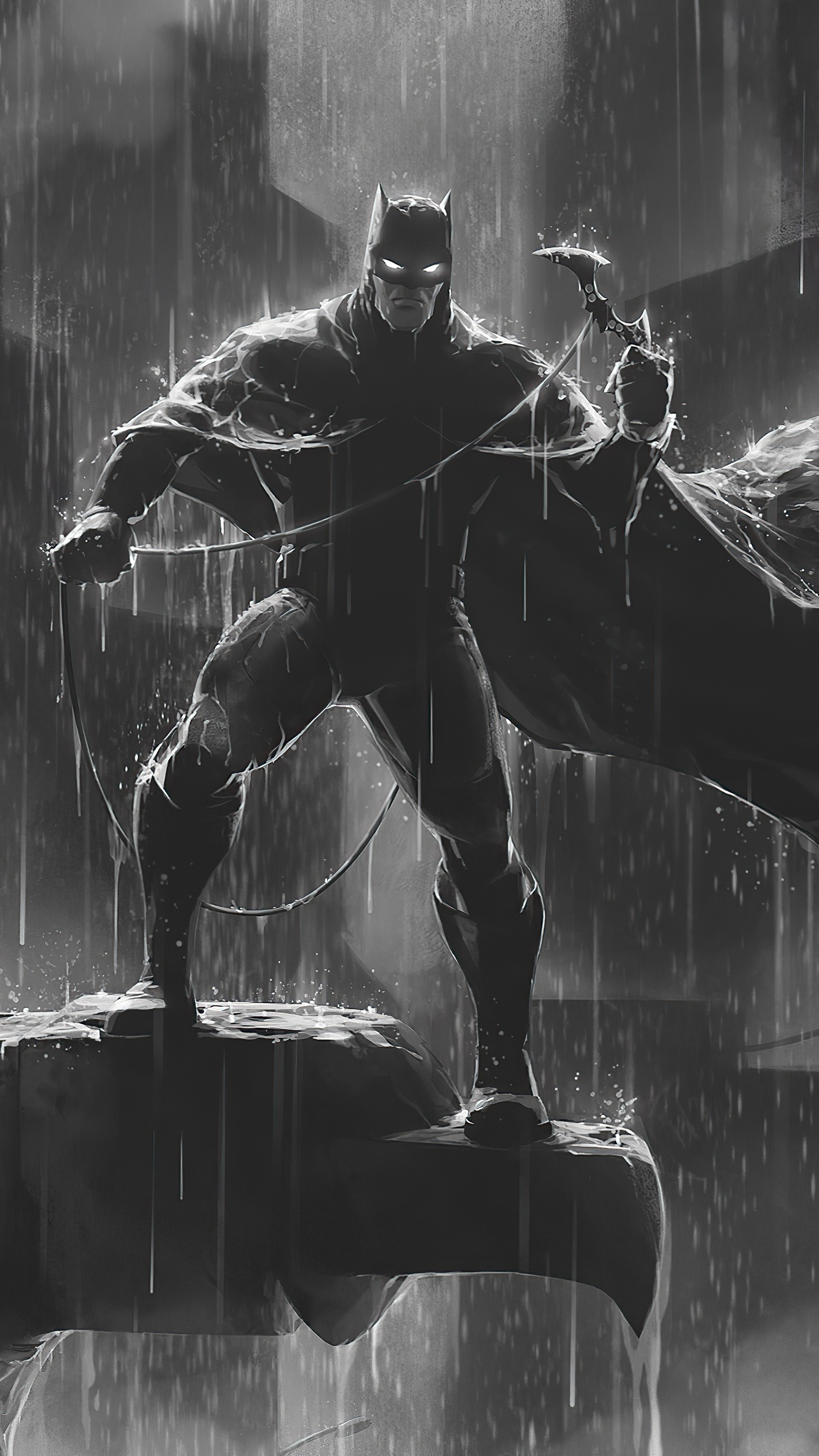 Batman standing on a gargoyle in the rain HD Phone Wallpaper