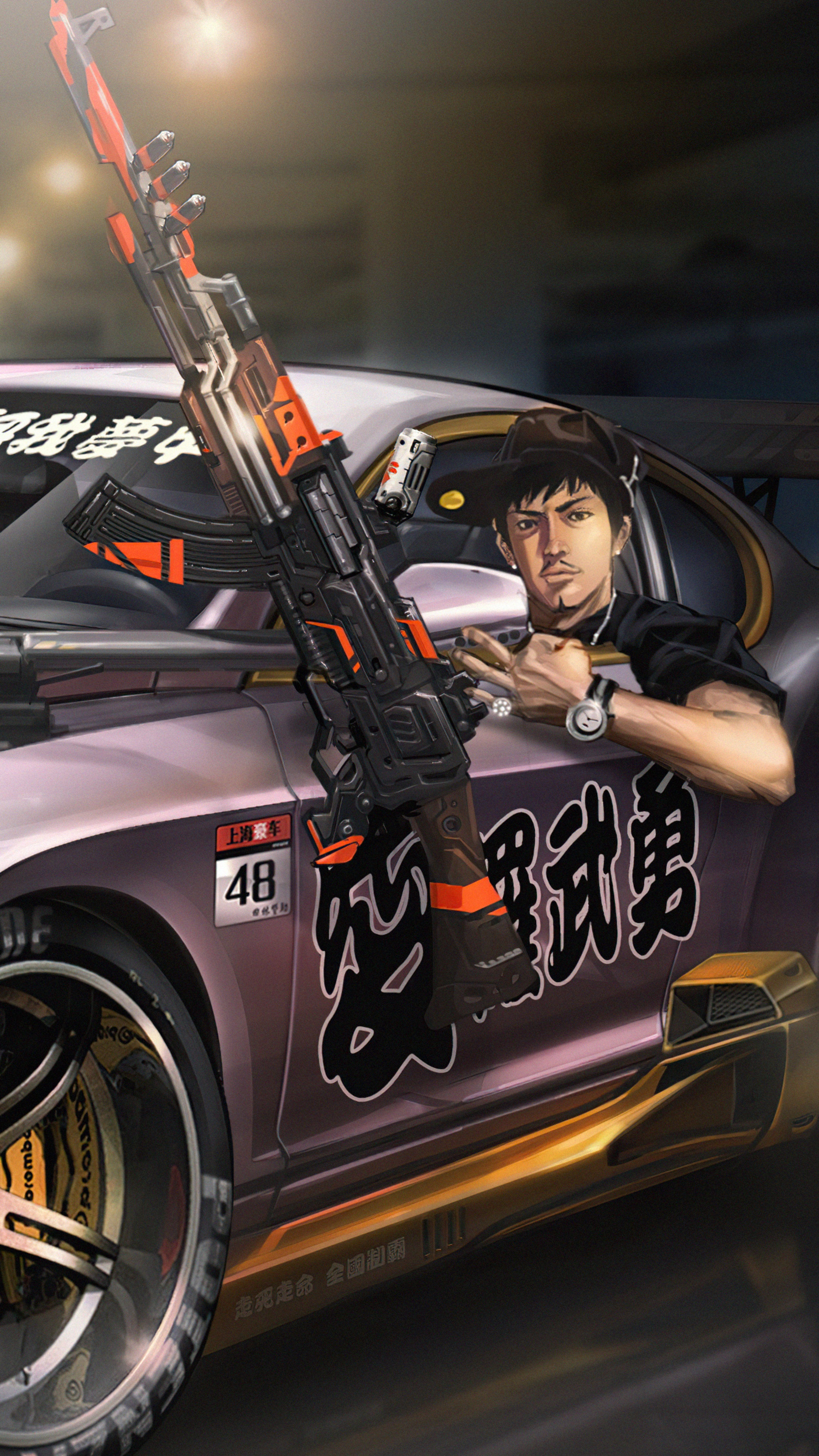 Man with rifle in a modified car HD Phone Wallpaper