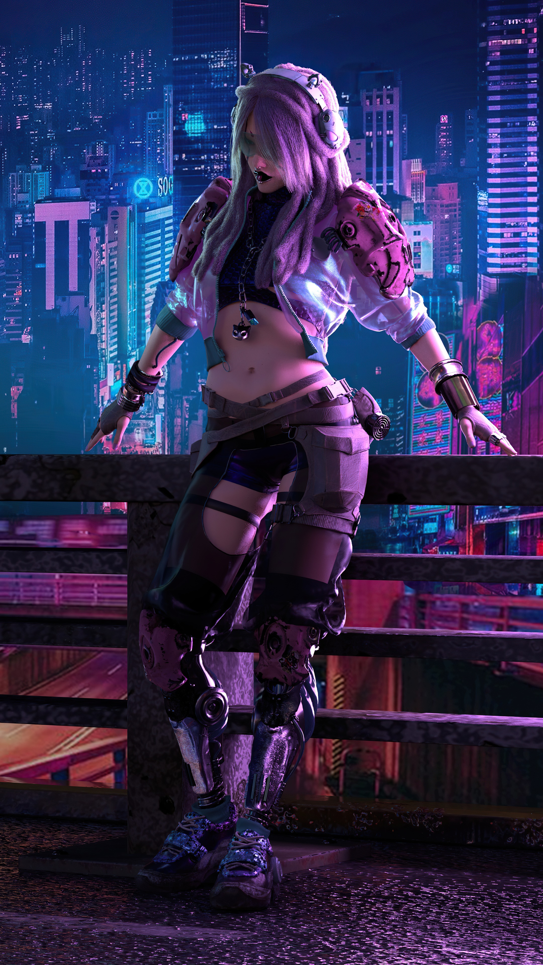 Cyberpunk woman with headphones in a neon city HD Phone Wallpaper