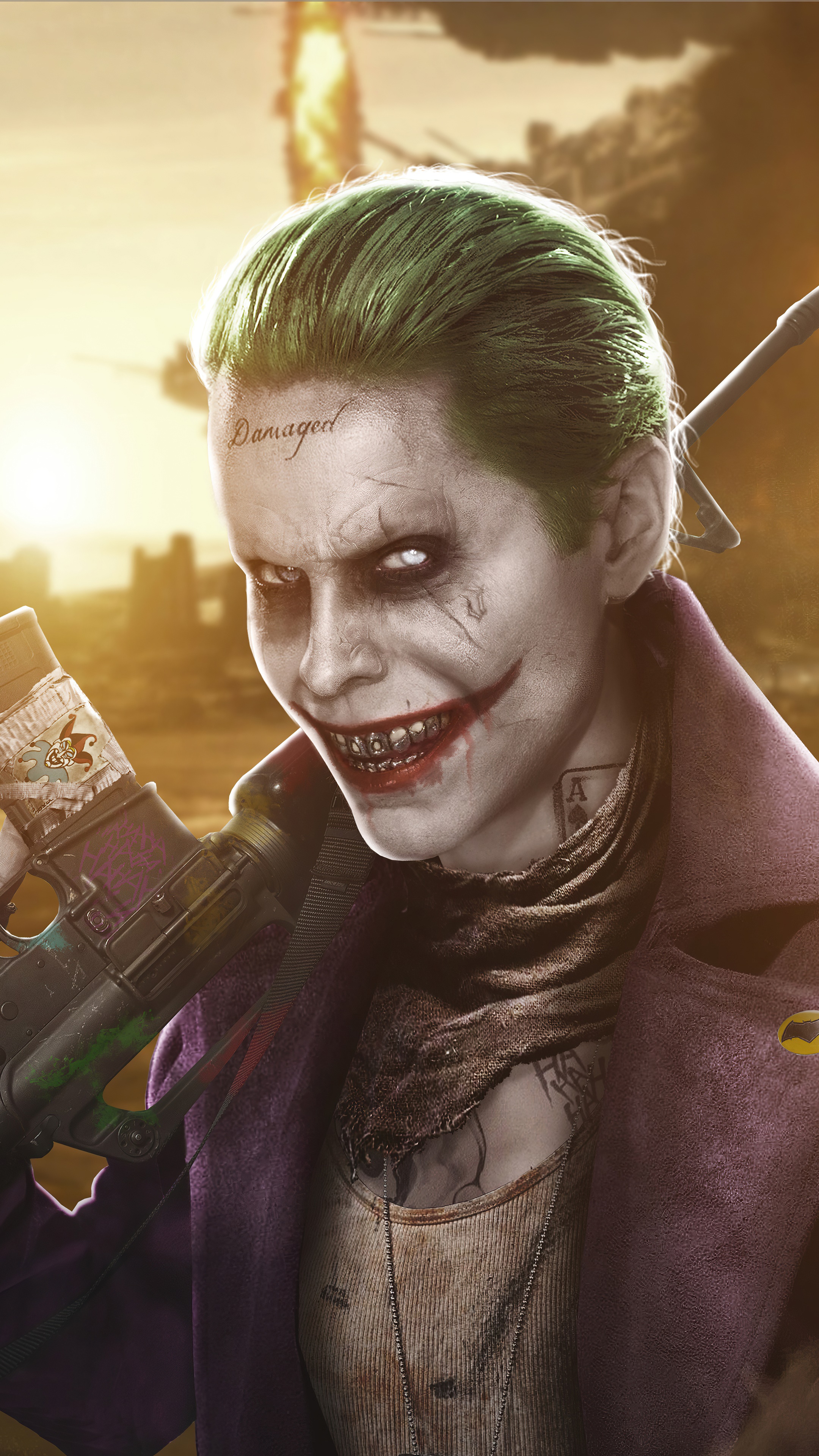 Joker from DC Comics holding a gun HD Phone Wallpaper