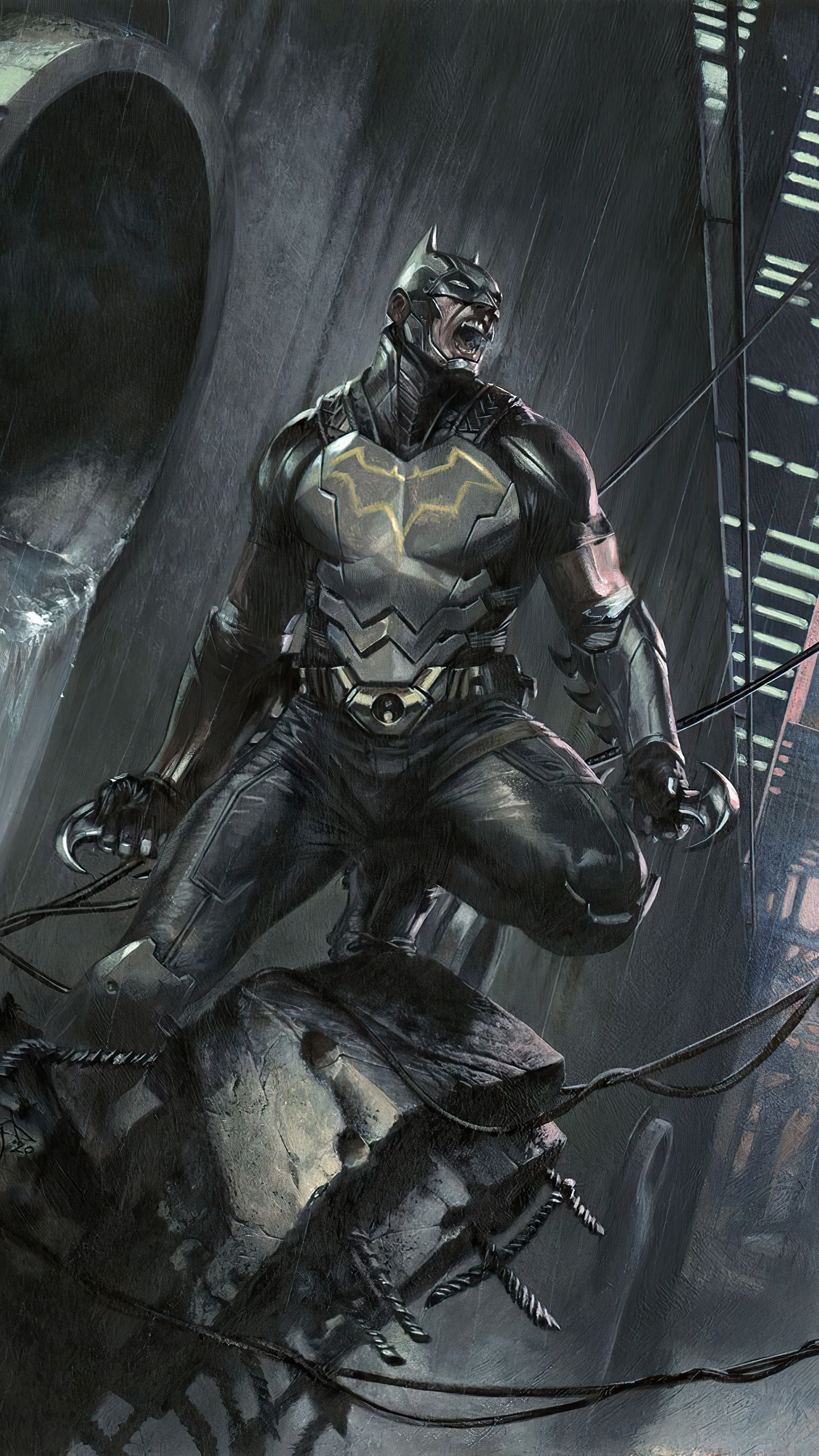 Batman in a dark, rainy city HD Phone Wallpaper