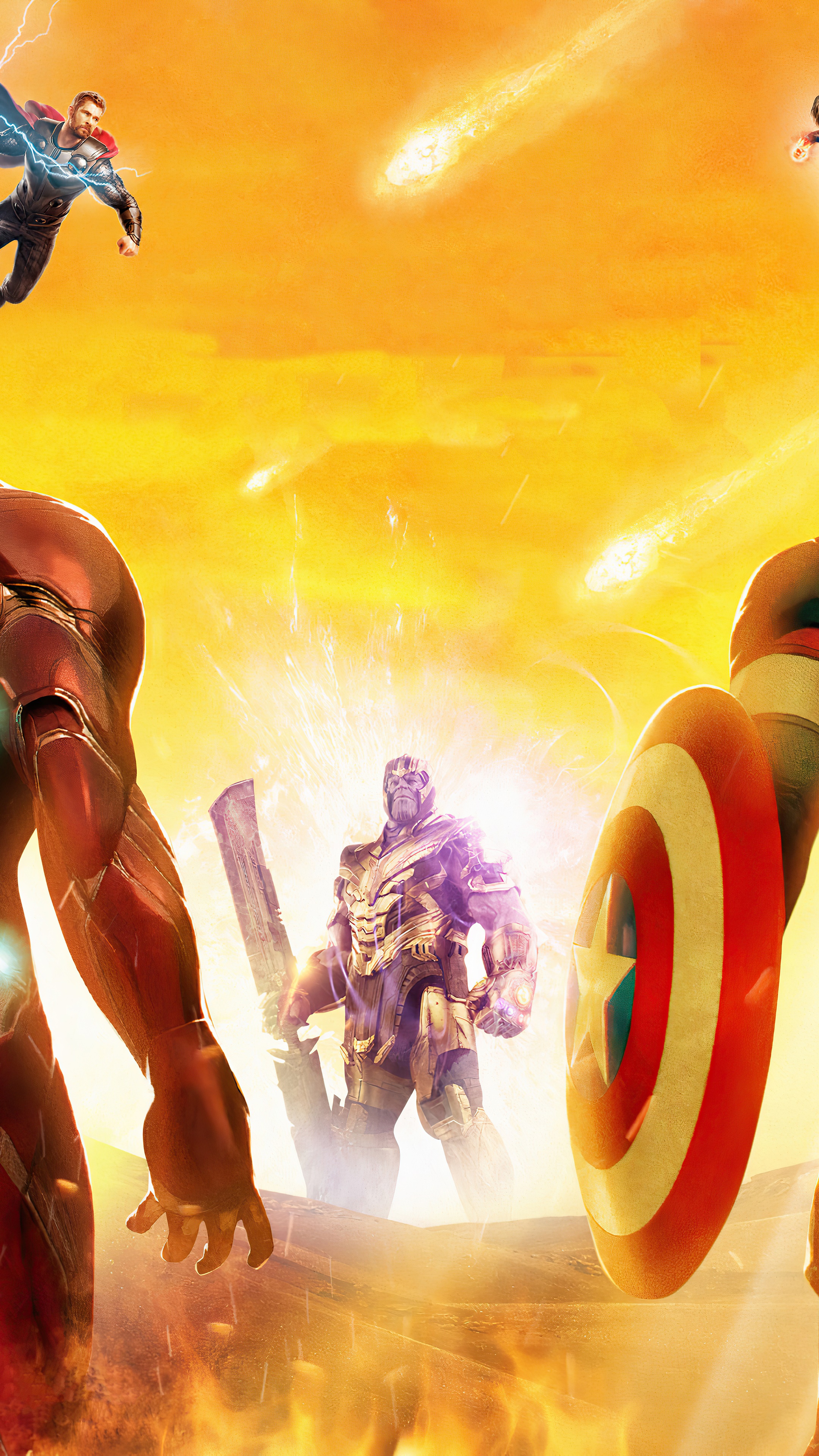 Thanos, Iron Man, Captain America, and Thor in battle HD Phone Wallpaper