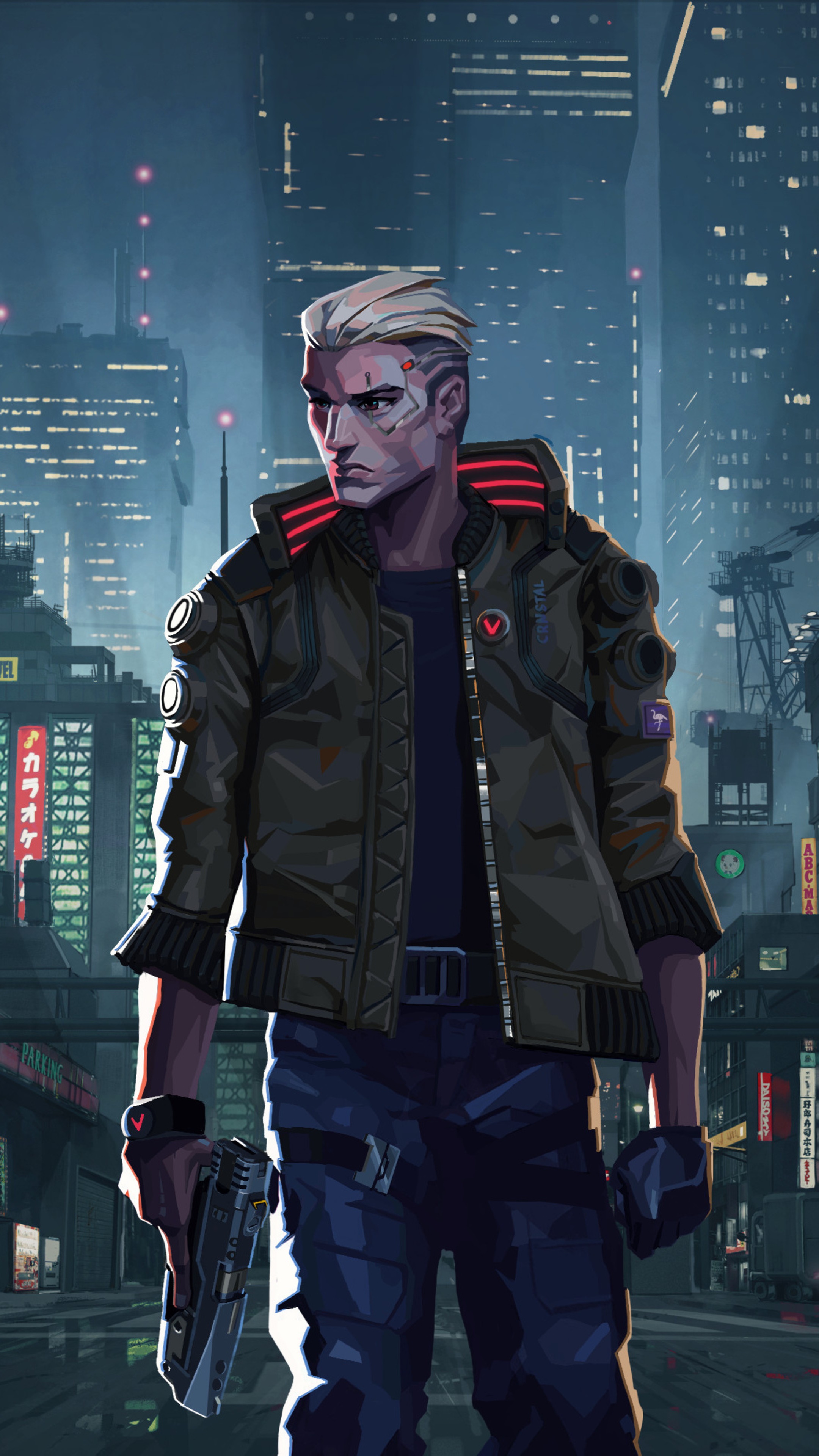 V from Cyberpunk 2077 in a futuristic city HD Phone Wallpaper