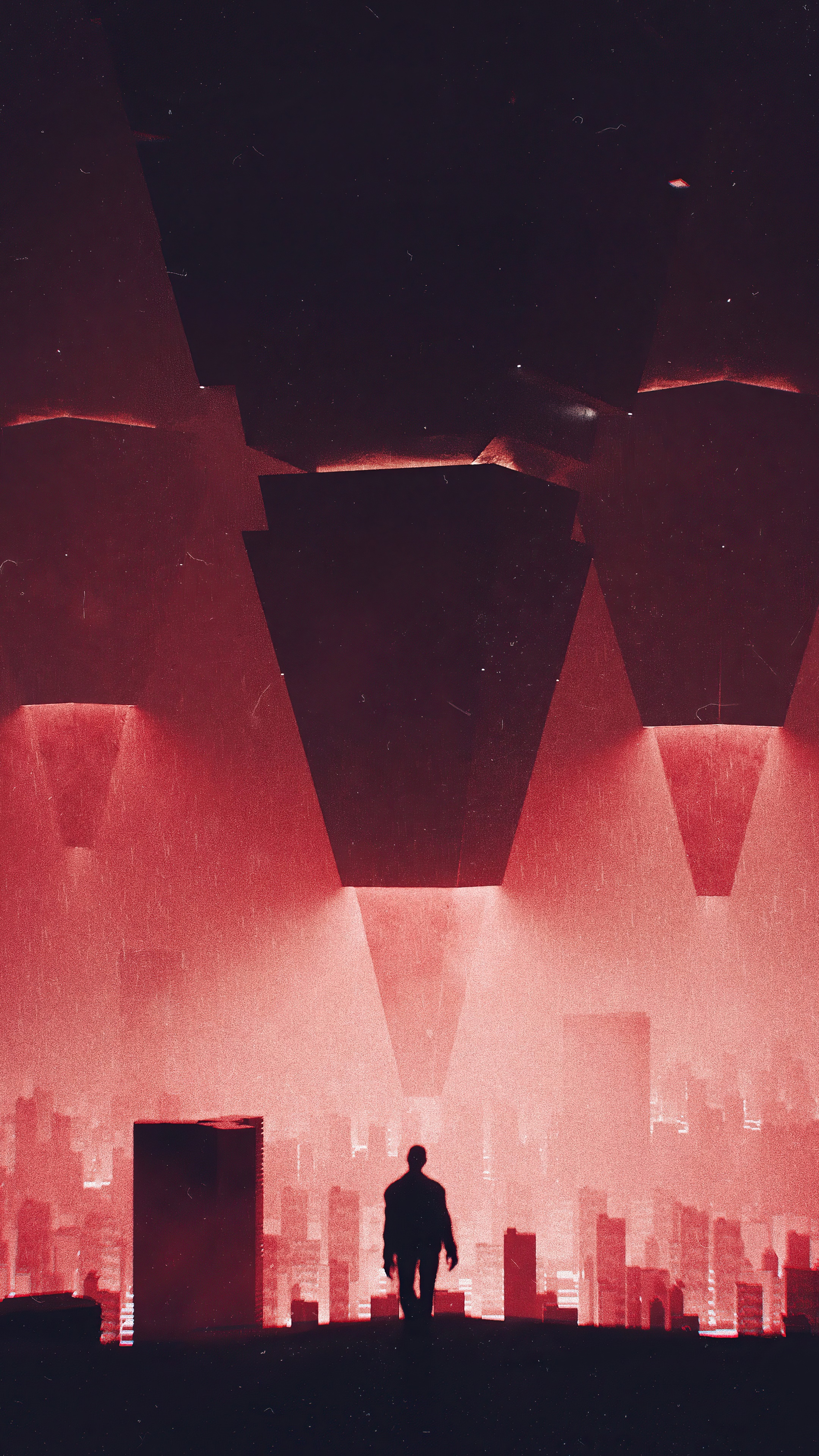 Man standing in a dystopian city with red lights HD Phone Wallpaper