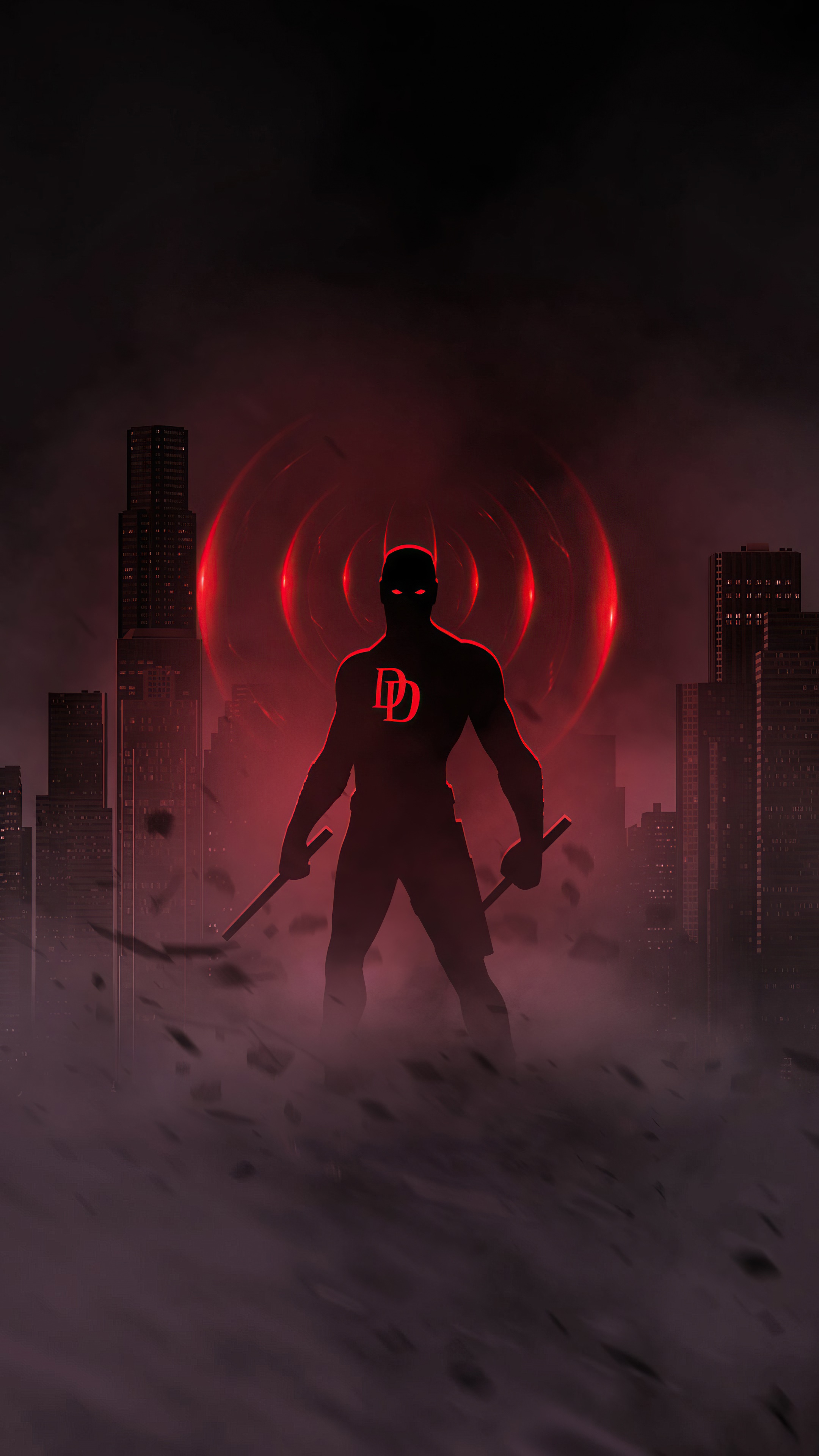 Daredevil silhouette with DD logo in city at night 4K HD Phone Wallpaper