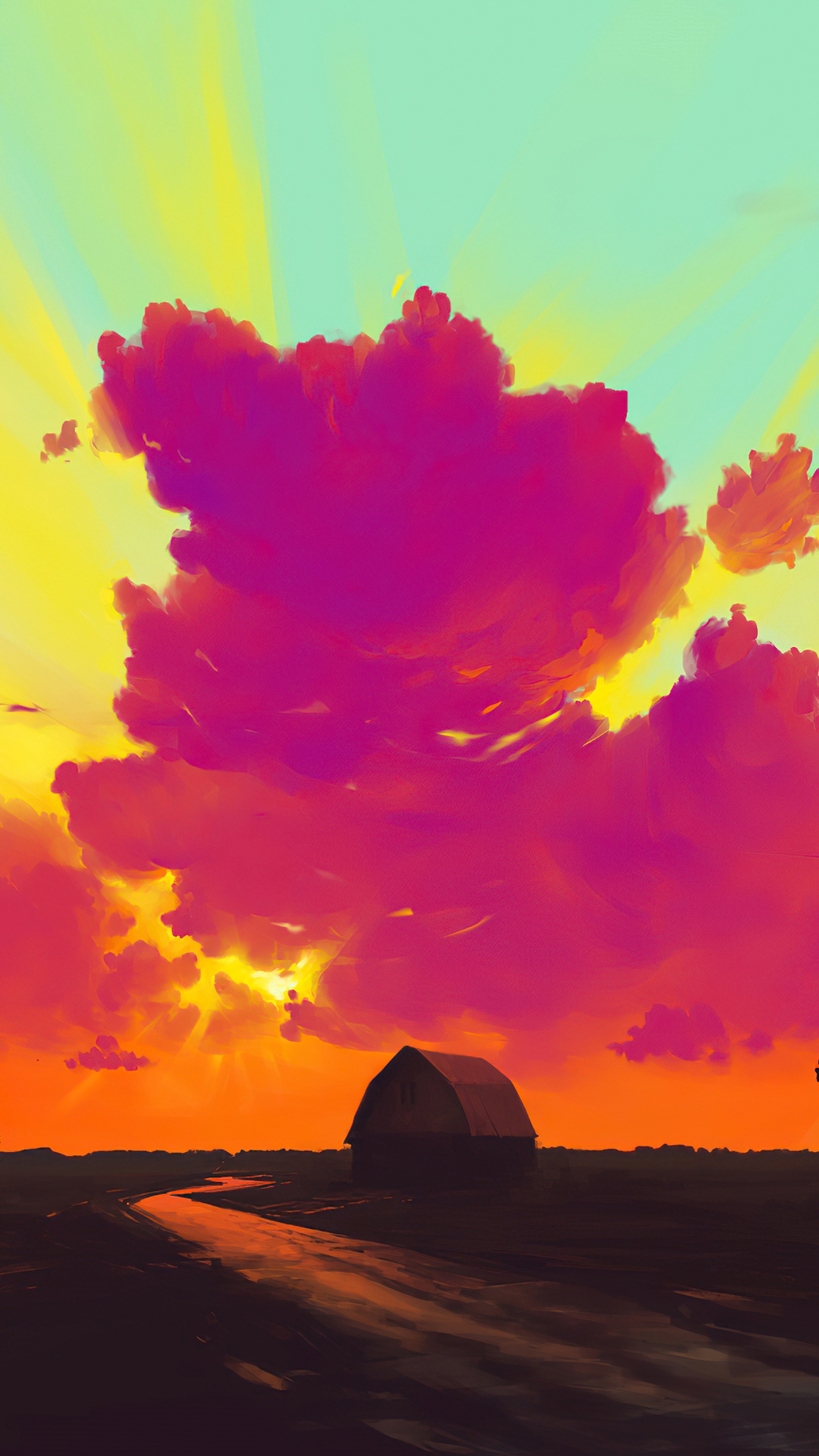 Digital art of a barn at sunset HD Phone Wallpaper