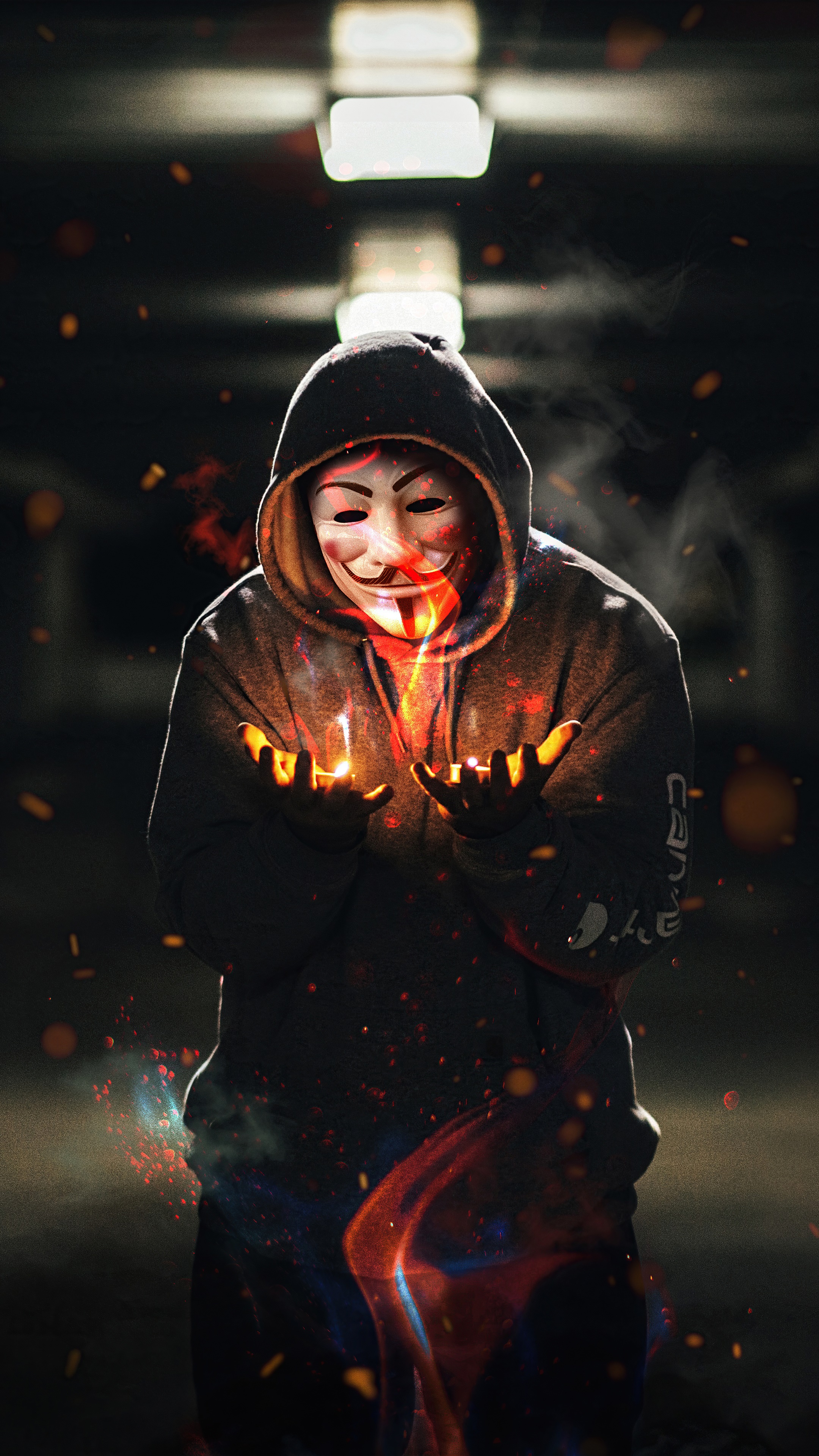 Anonymous figure with mask and fire 4K HD Phone Wallpaper